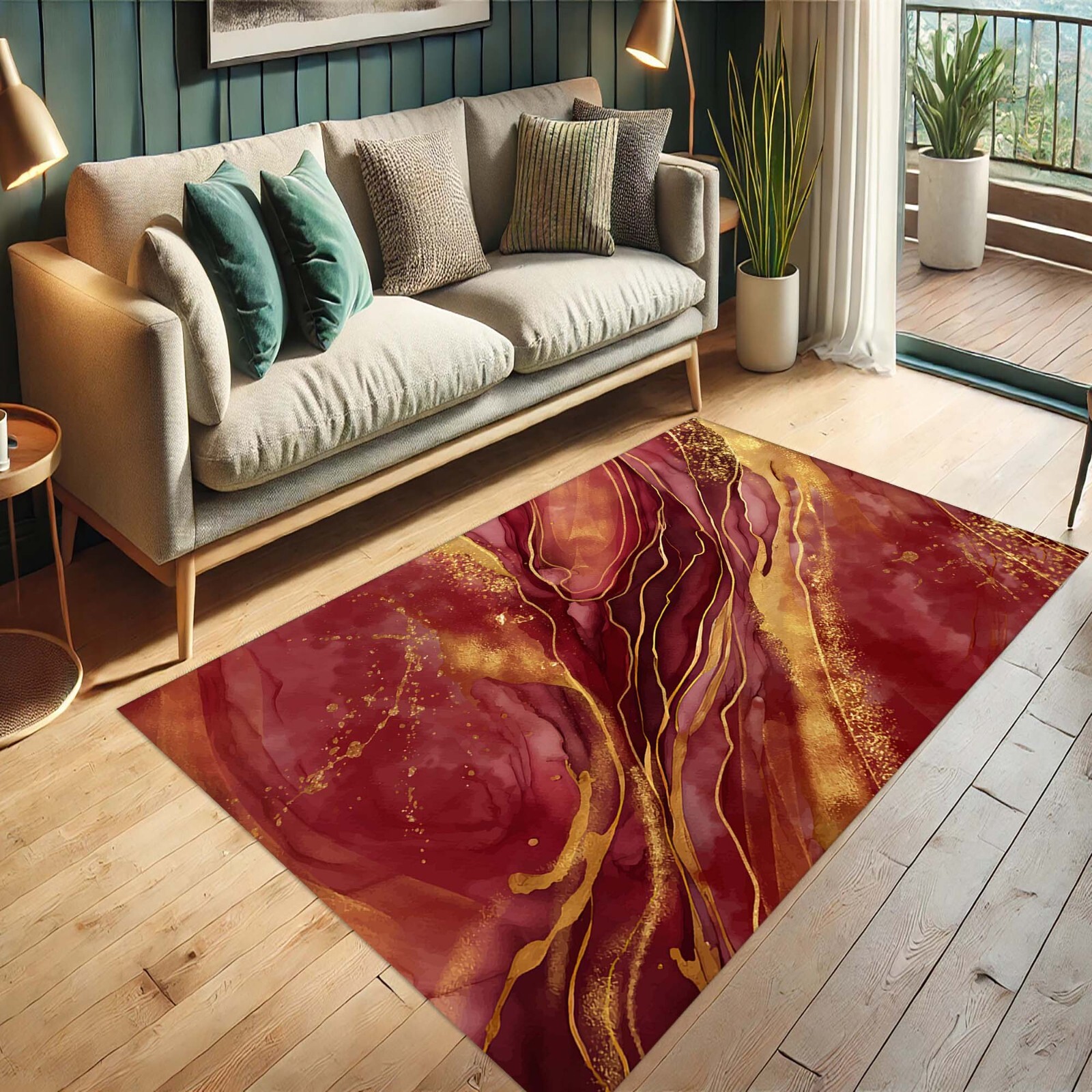 Luxurious Rug, Marble Effect Carpet, Wine Red and Gold Design, Glamorous Interio