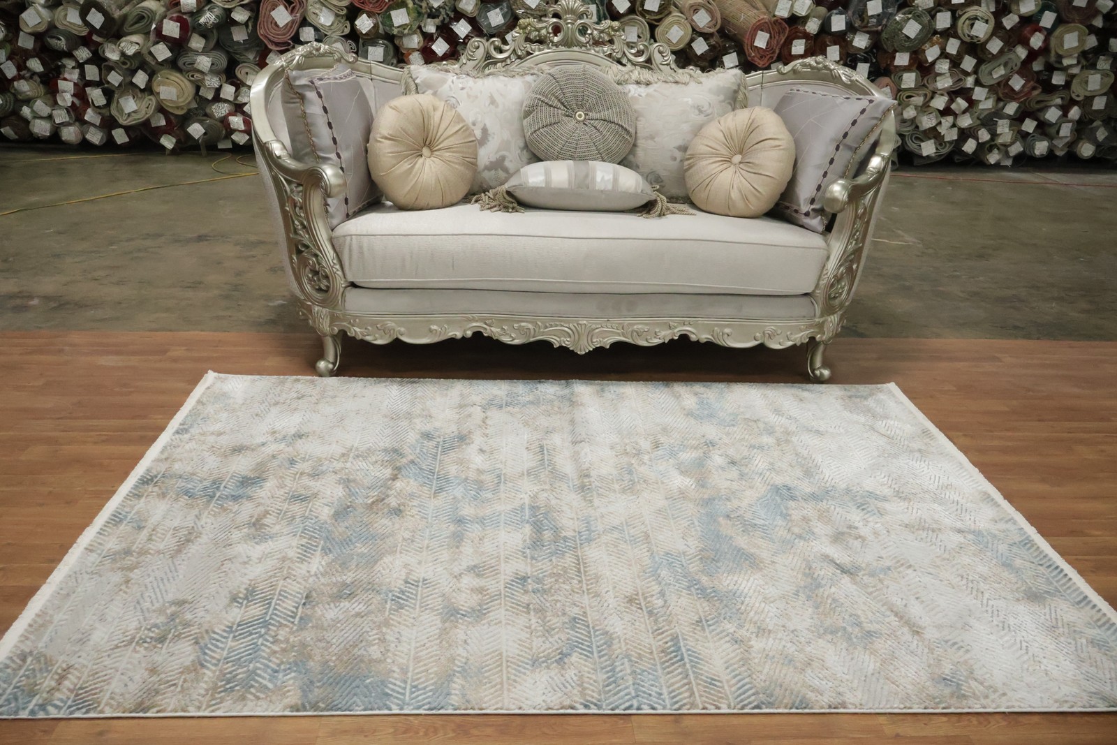 Subtle Blue and Beige Area Rug 5×8 Ft Abstract & Modern Turkish Carpet