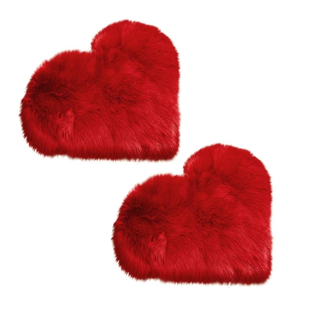 2 PCS Fluffy Heart Shaped Rug Faux Fur Area Carpet Soft Mat Red 12×16 Inch