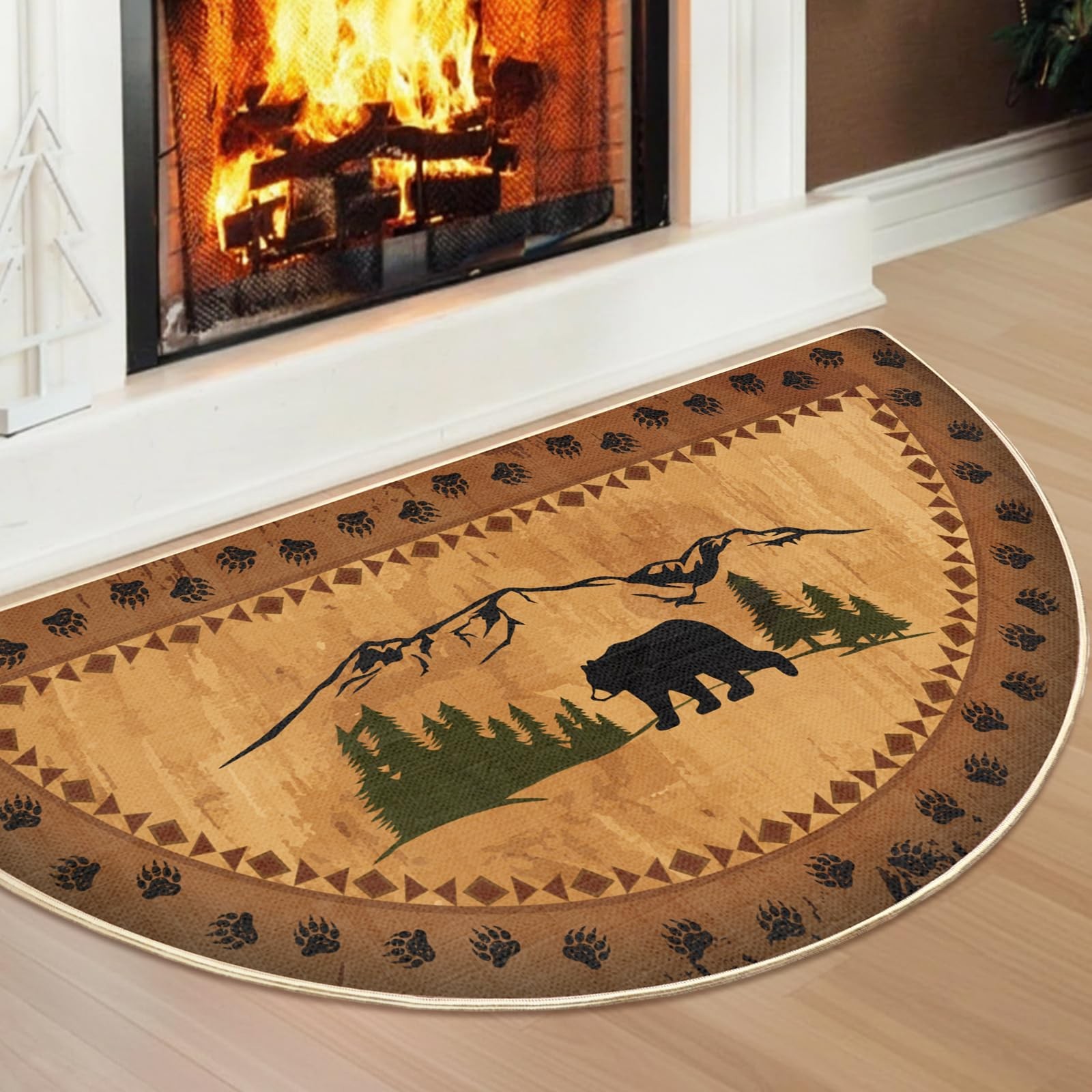 Winter Bear Hearth Rug for Fireplace Mat Non-Slip Rustic Cabin Half Round 24×47″