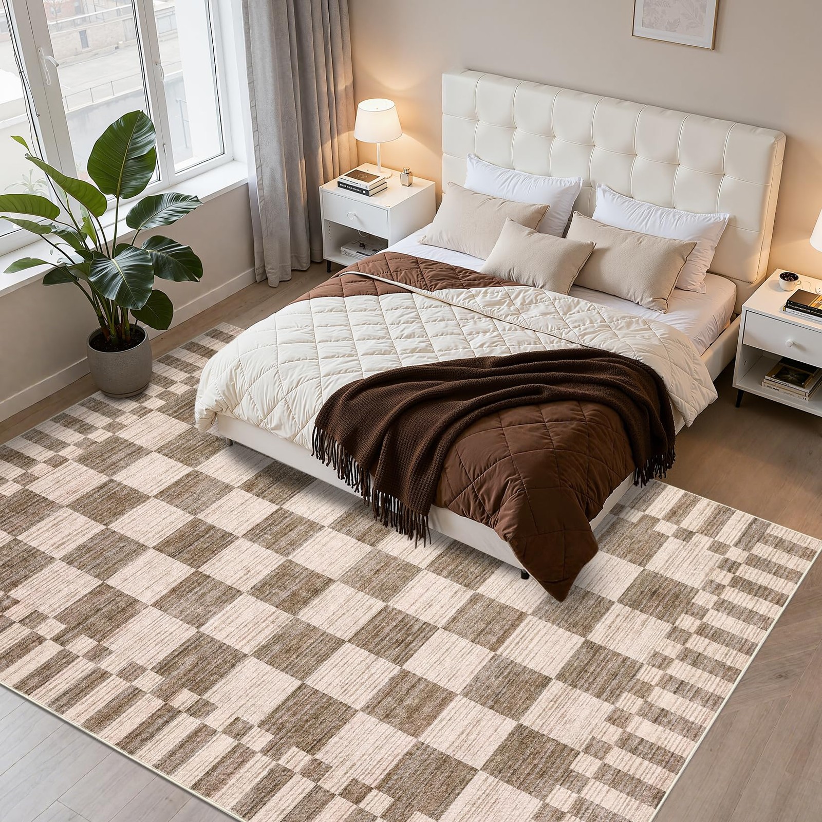 8×10 Area Rug Machine Washable Modern Brown Checkered Non-Slip – Living Room