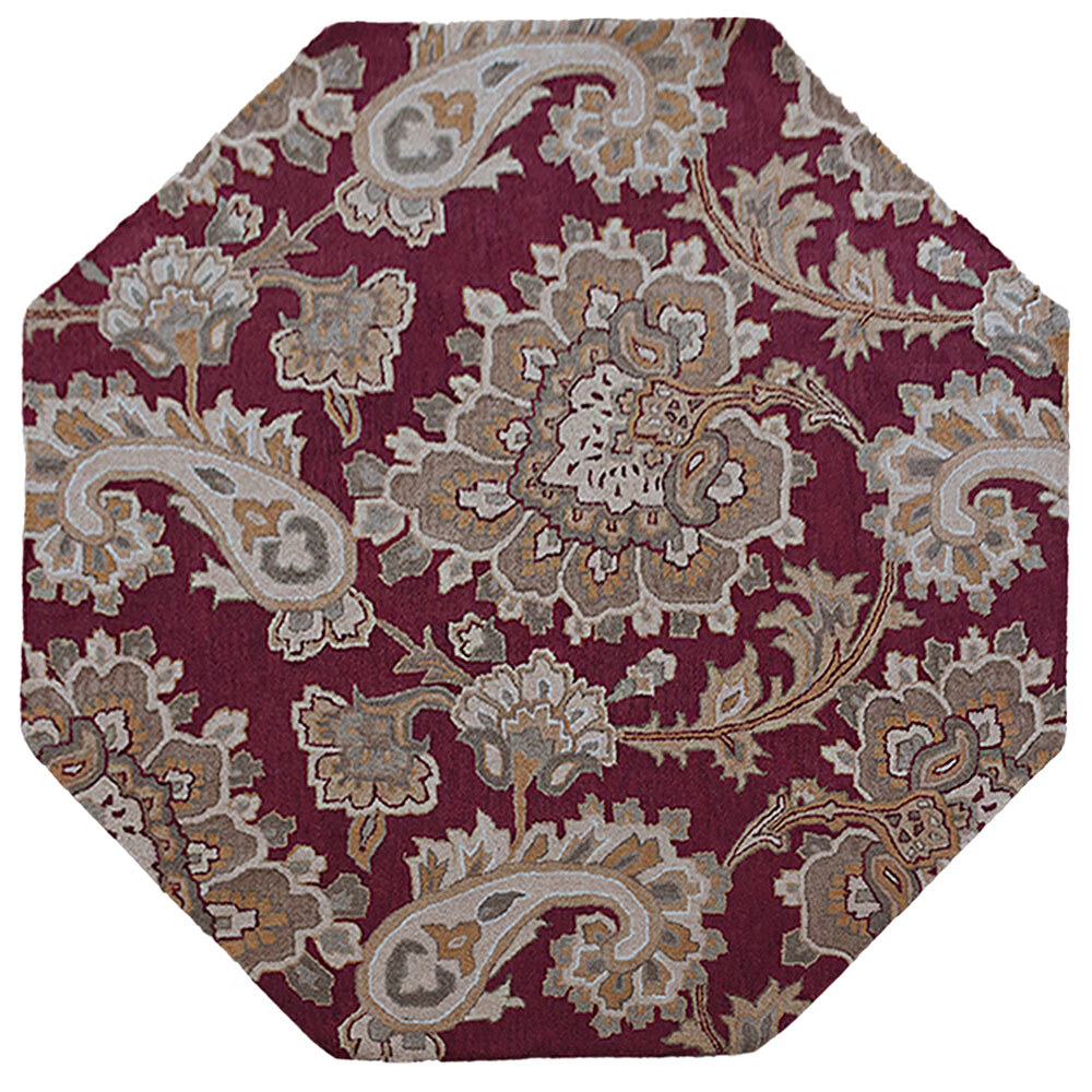 Hand Tufted Wool Octagon Area Rug Floral Dark Red BBH Homes BBK00151