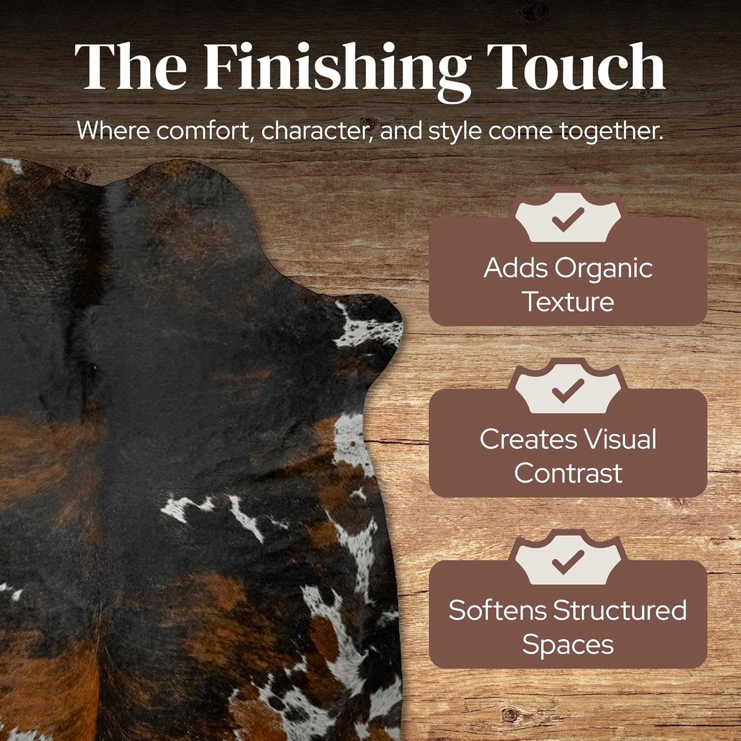 Dark Tricolor Genuine Cowhide Rug 6X6-7 Ft for Rustic Home Decor