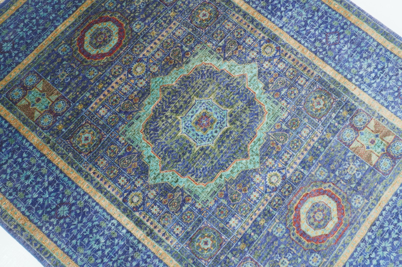 4’6″x5’6″ Blue Mamluk Afghan Hand Knotted Wool Medallion Rug