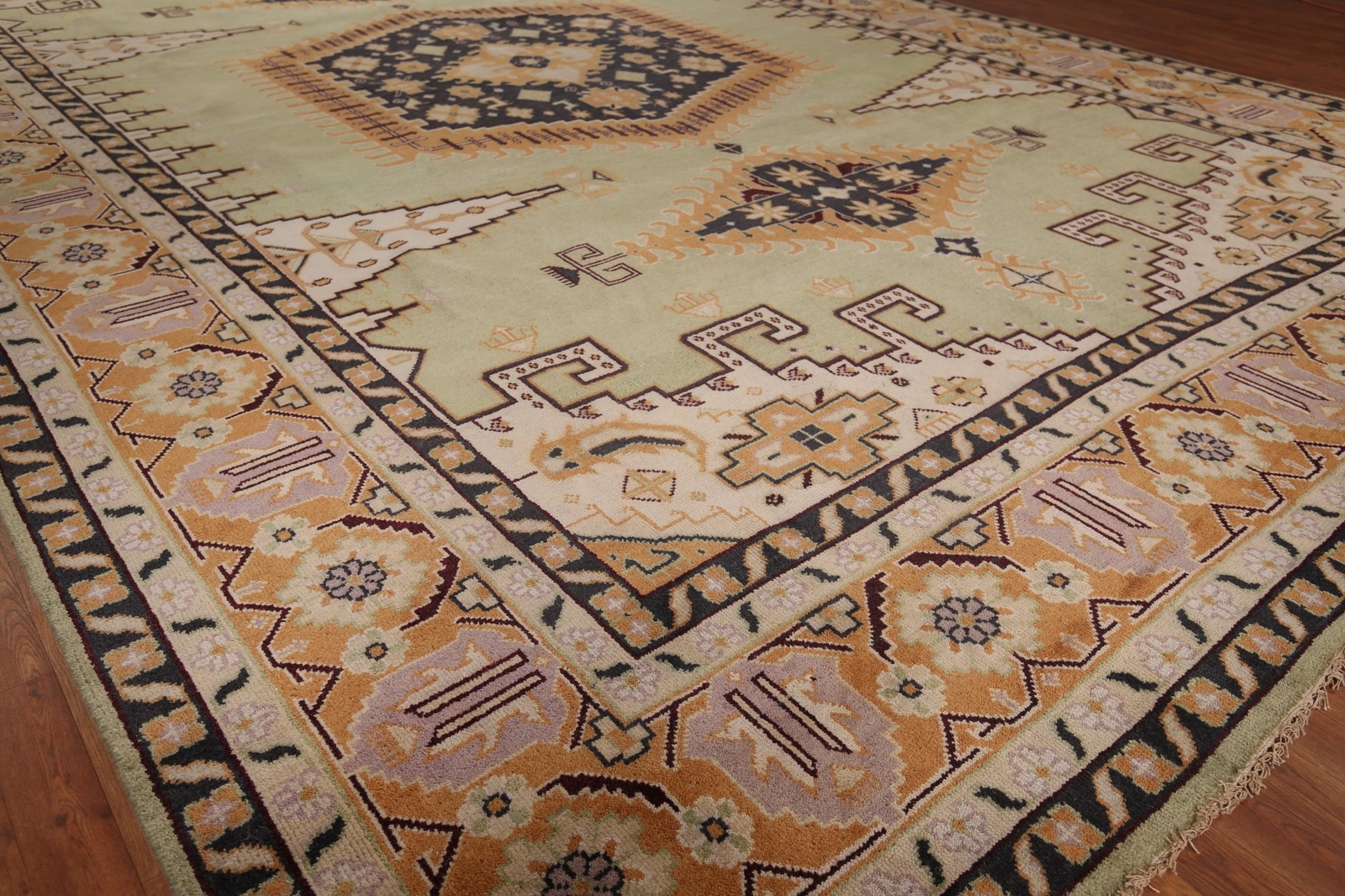 Geometric Viss Indian Tribal Hand-knotted Palace Rug Sage Green 12×18 ft.