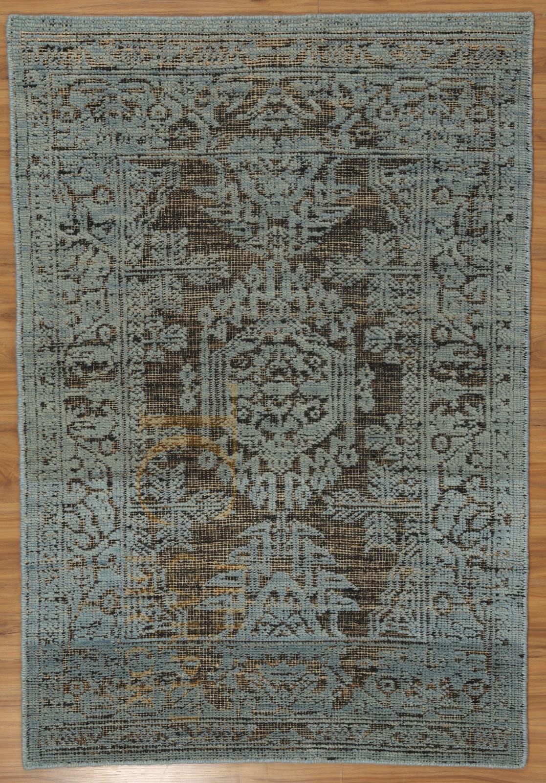 Vintage Look Oushak Flat Cut Area Rug Blue Gray Distressed Jute Wool Blend