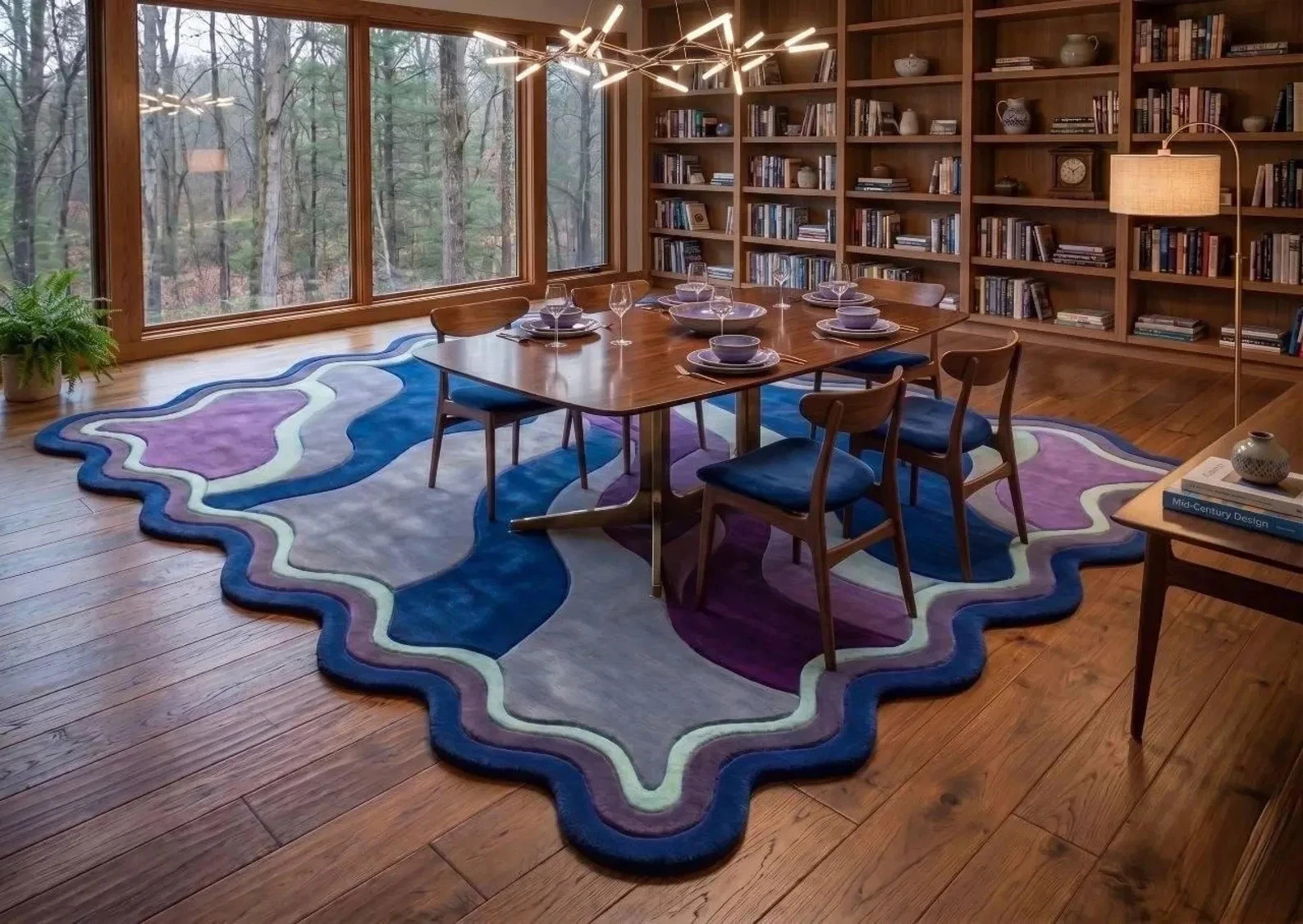 Hand-Tufted Wool Scalloped Rug, Modern Abstract Geometric Purple Navy Blue Area