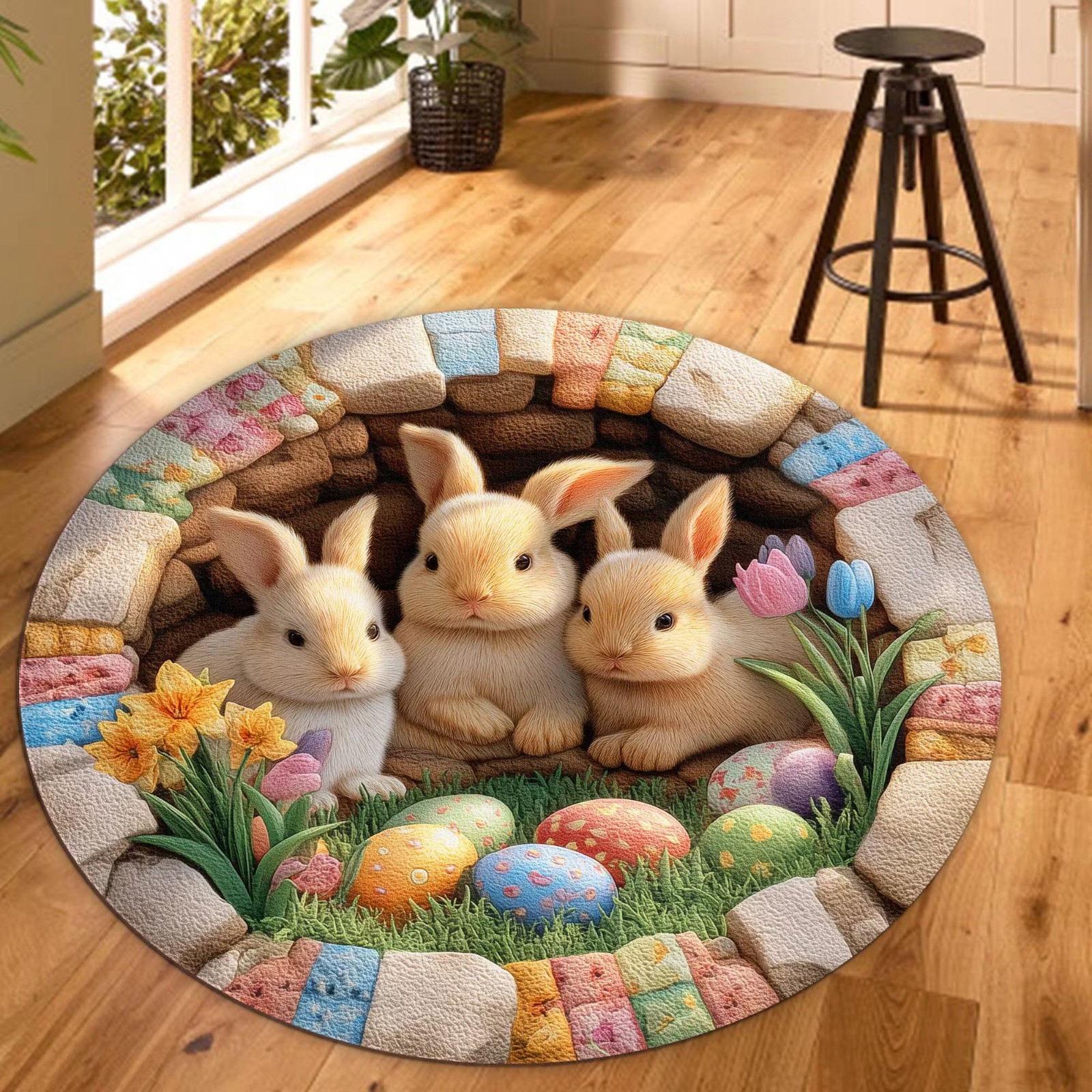 Easter Bunny Round Area Rug Cute Rabbit Nursery Spring Holiday Home Decor