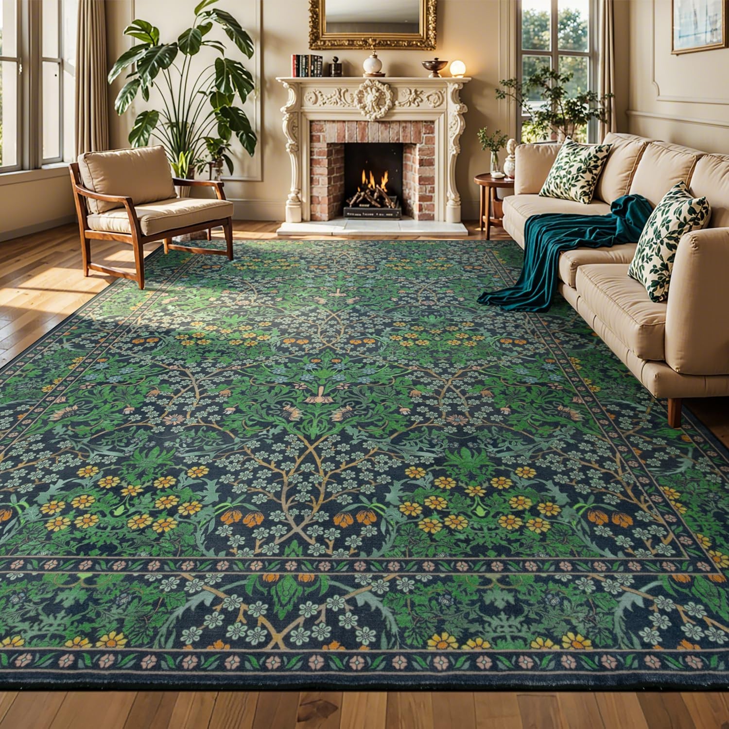 Floral Extra Large Area Rug 10×14 for Living Room, Machine Washable Carpet for B