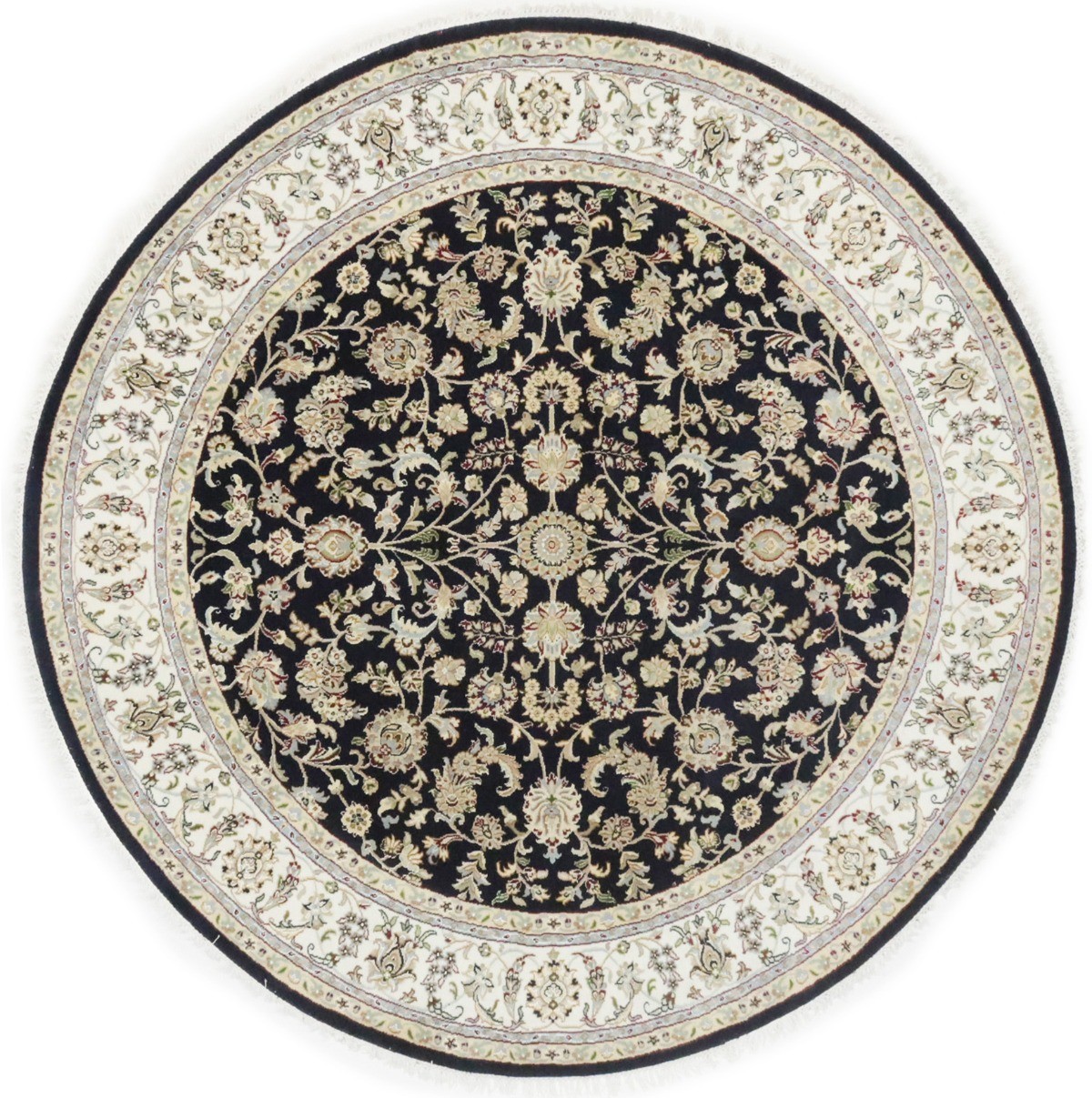 7X7 Handmade Indo-Nain Dark Navy Floral Design Round Oriental Rug Room Carpet