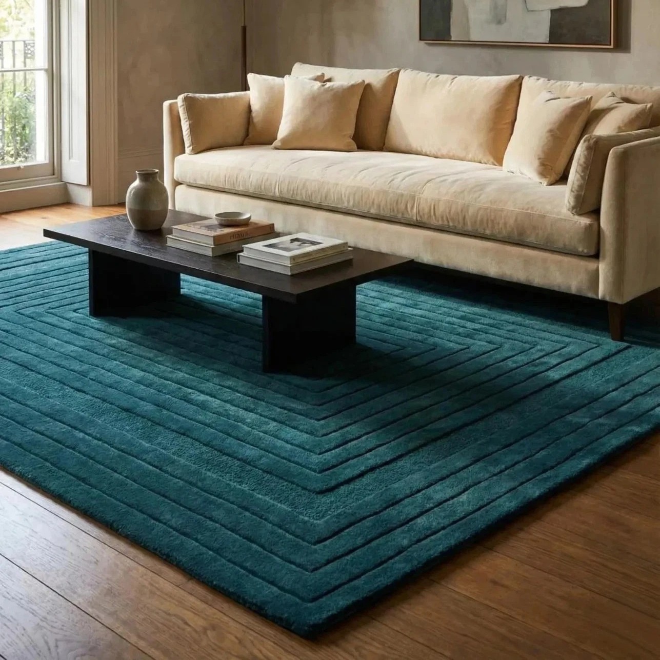 Nordic Style Hand Tufted Teal Blue Wool Rug Modern Geometric Plush Area Carpet