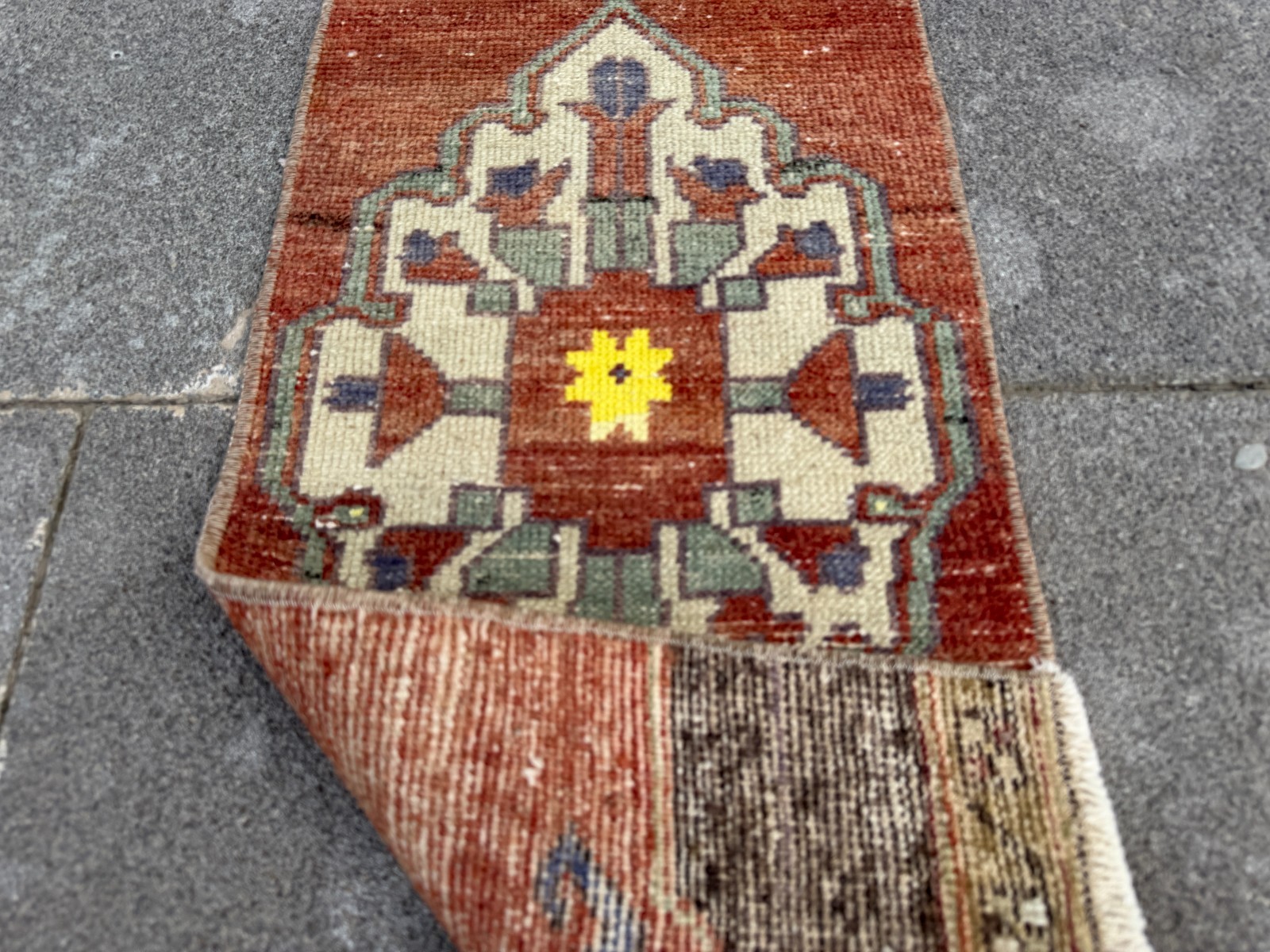 Small Vintage Turkish Rug 1.1×3.3 ft Terracotta Yellow Long Kitchen Entry Mat