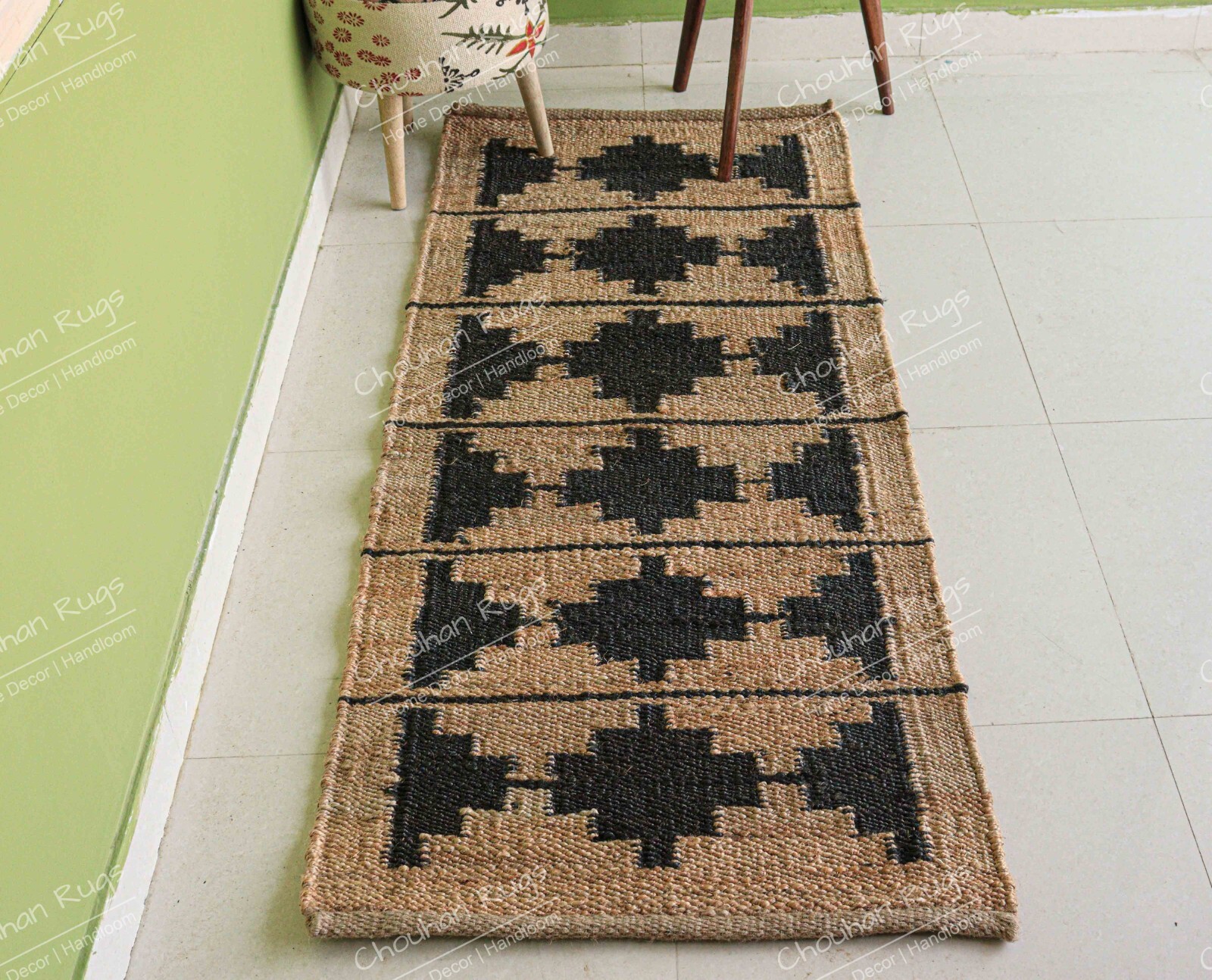 Indian Handloomed Hemp Beige With Black Jute Runner Hemp For Yoga, Decor Hemp
