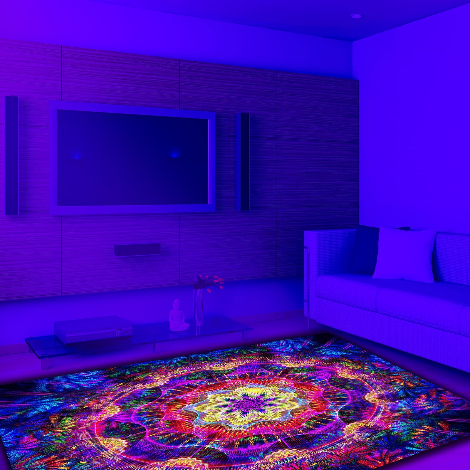 Trippy Mandala Area Rug Black Light,Large UV Reactive Glow in The Dark Boho N…