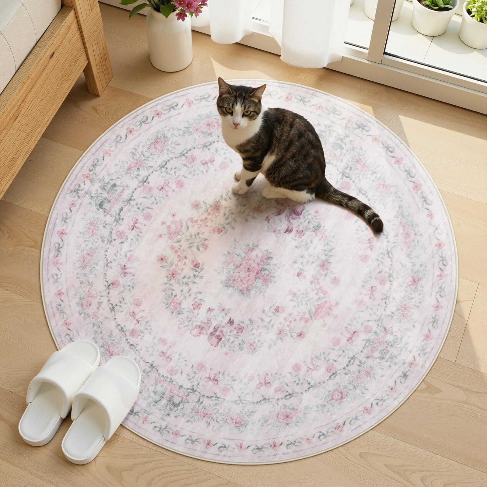 Bow Print Washable 4ft Round Rug, Pink Circle Rug for Girl Nursery Decor,