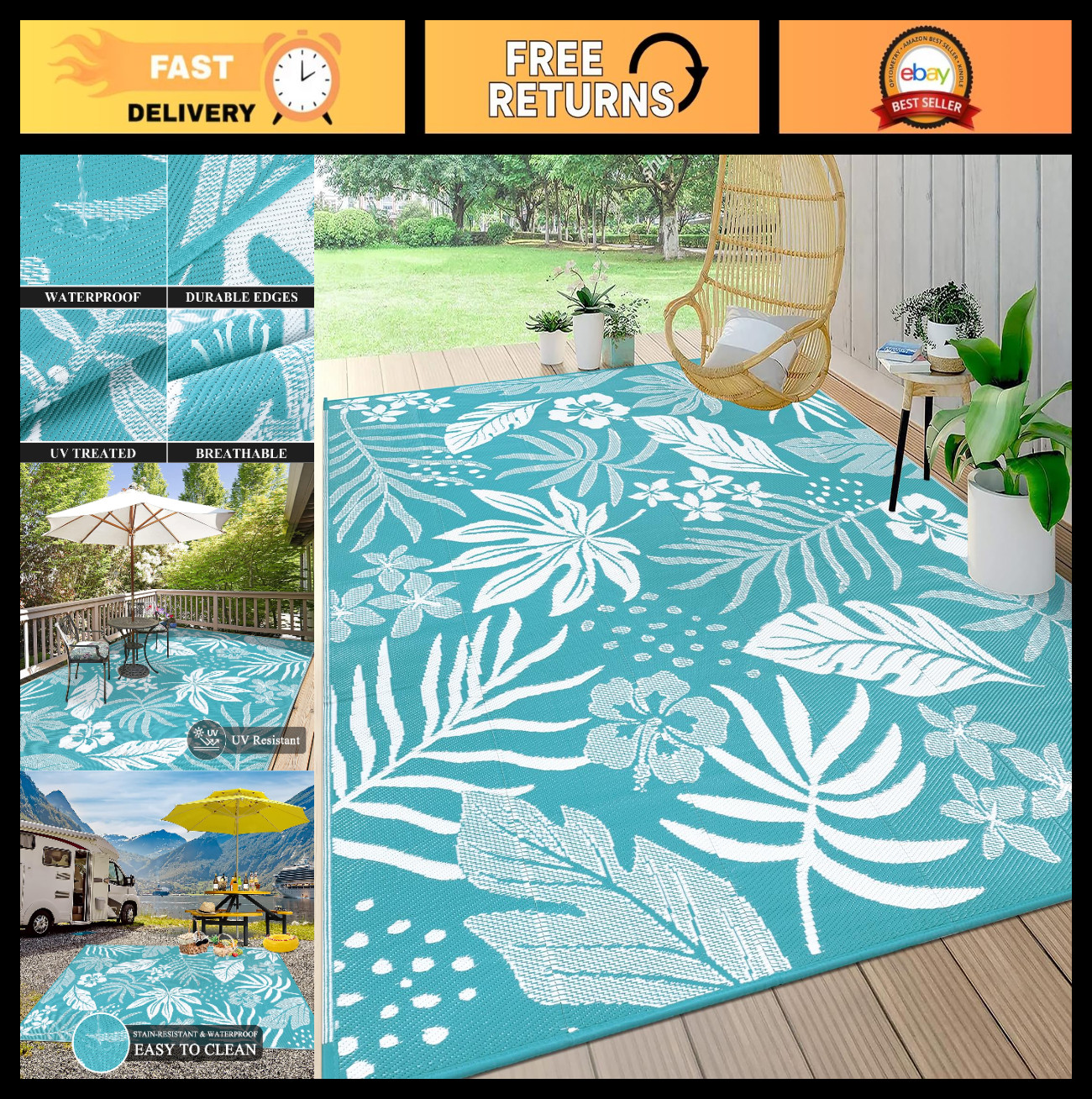 Waterproof 8×10 Outdoor Rug – Reversible Floral Teal Patio Mat, UV Resistant, Id