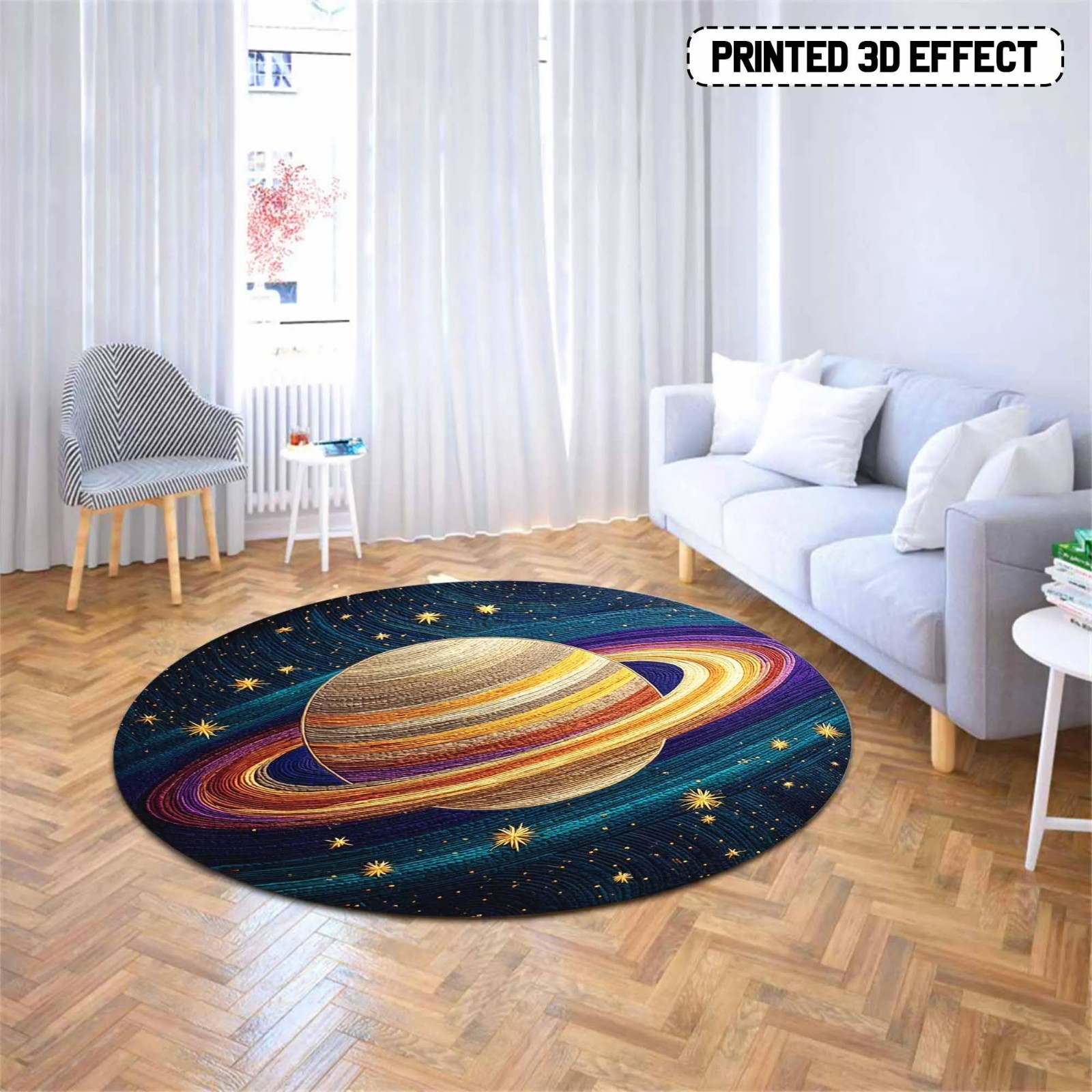 Saturn Planet Round Rug Galaxy Space Cosmic Star 3D Effect Astronomy Home Decor