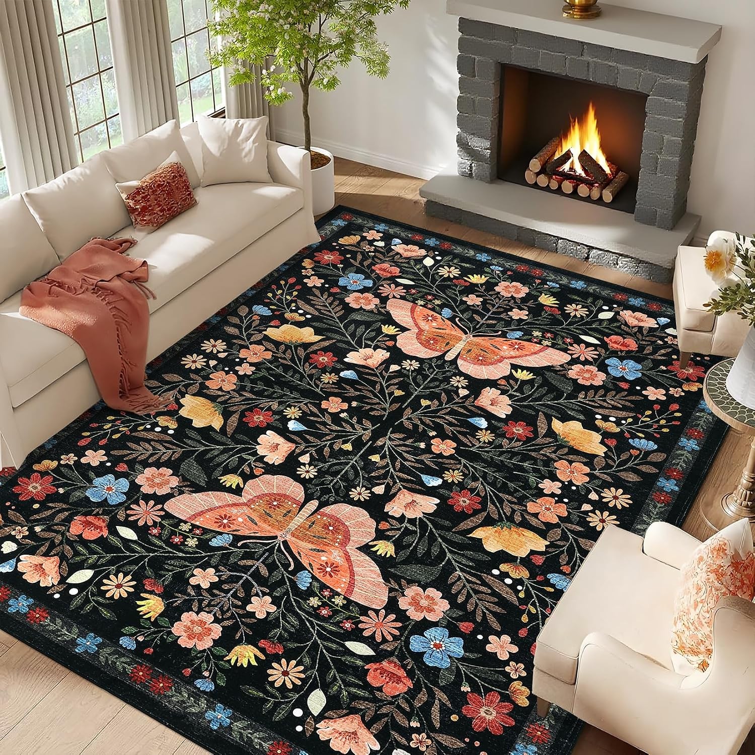 Farmhouse Butterfly Floral 5×7 Washable Area Rug Non Slip Living Dining Bedroom