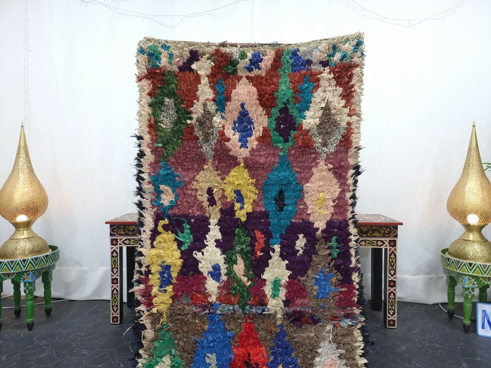 Moroccan Handmade Vintage Boucherouite 3’1″x9′ Berber Geometric Red Blue Carpet