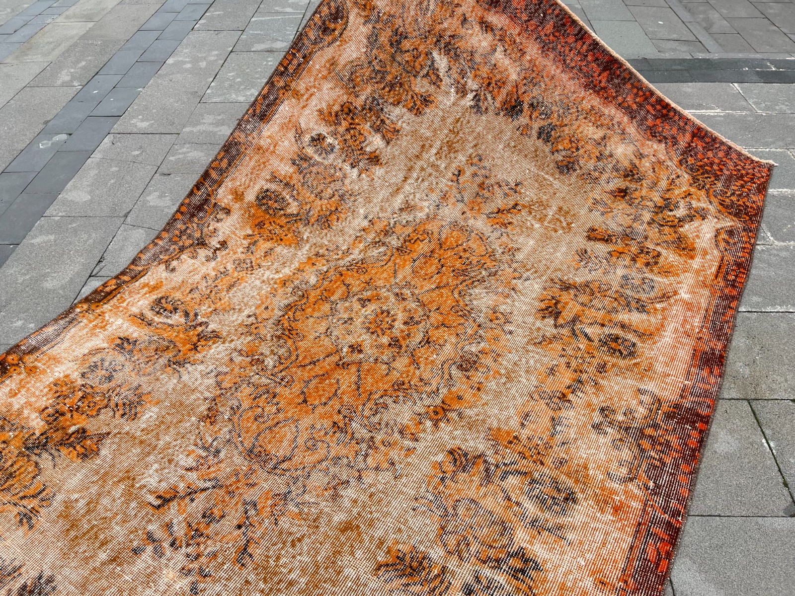 5.4×9.3 Ft Vintage Overdyed Turkish Rug Distressed Oushak Orange Wool 5×9