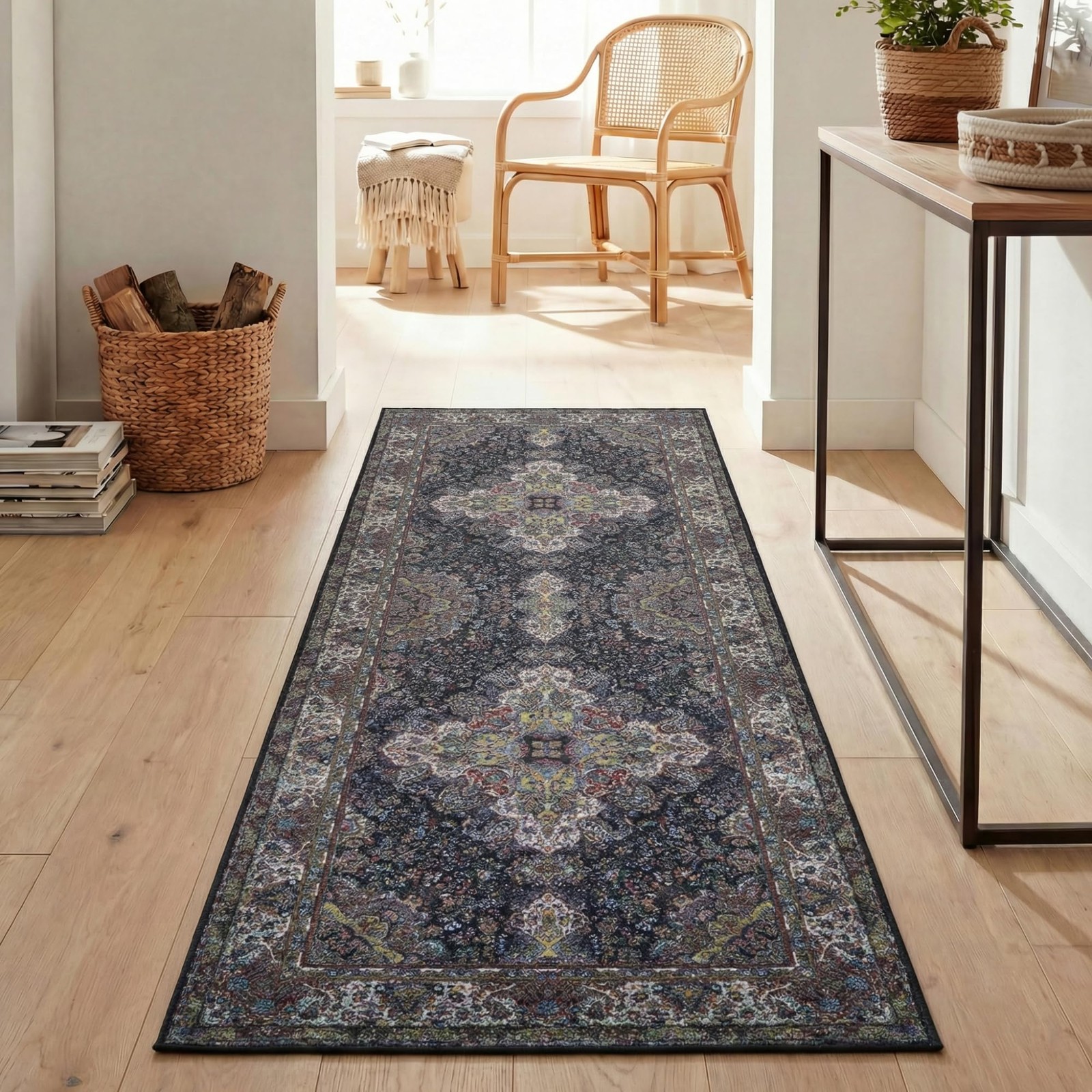 Superior Medallion Washable Rug Cotton Backing Carpet For Dining Table Mud Room