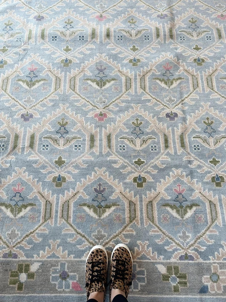 Hand Knotted Oushak Wool Rug Muted Blue Geometric Lattice Pastel Area Rug Carpet