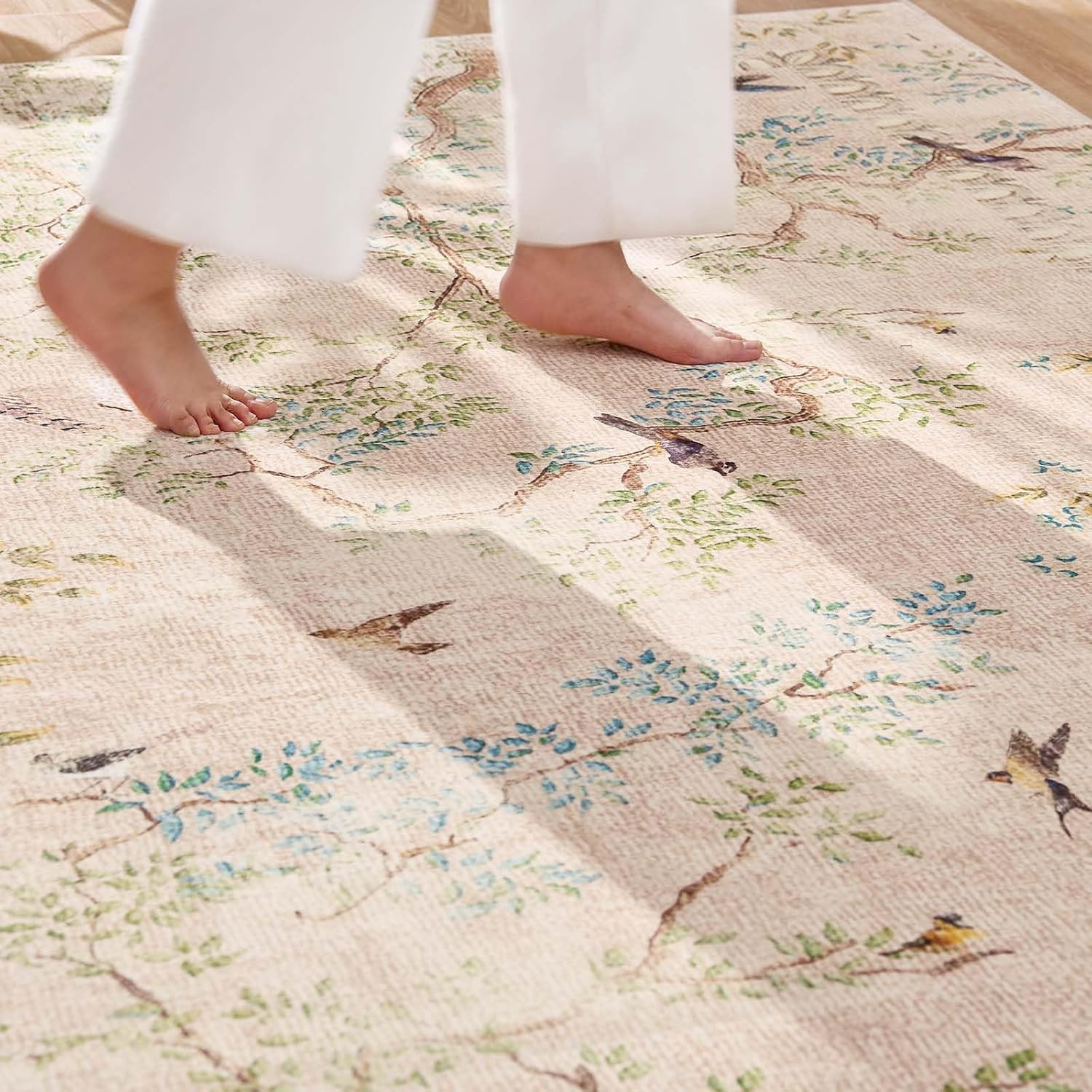 Yarden Beige Botanical Birds 3×10 Runner Rug for Hallway Washable Non Slip Soft