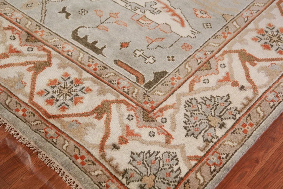 Hand Knotted Oushak Rug Wool Area Rug Muted Gray Blue Cream Rust 8×10 9×12