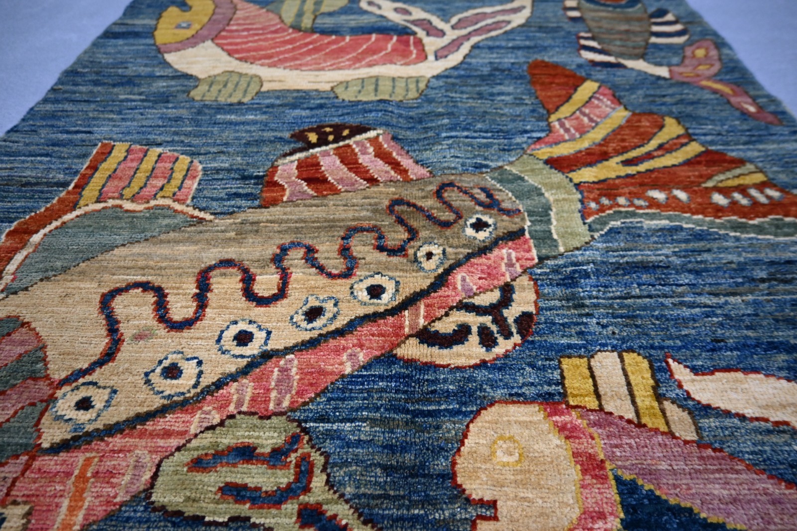 3×5 ft Blue Fish Area Rug, Hand Knotted veg dye Kids Room Rug, Wall Hanging Rug