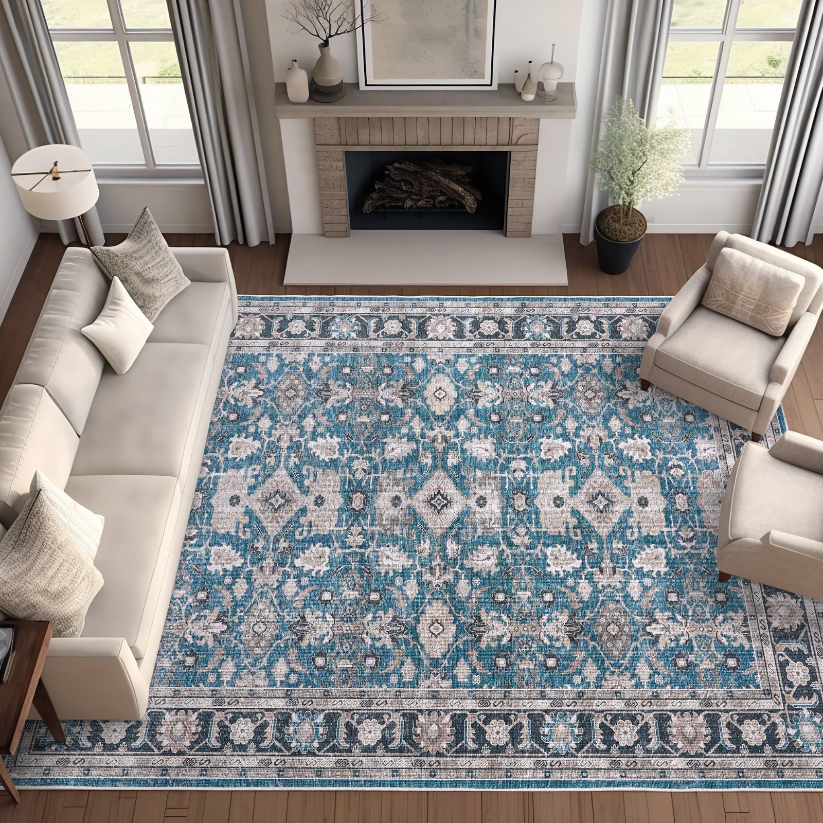 6×9 Vintage Floral Area Rug Washable Non-Slip Living Room Bedroom Blue