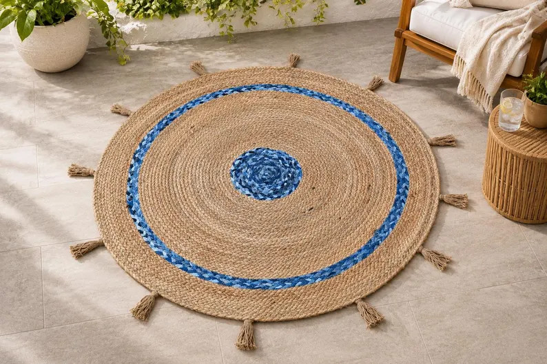 Jute Denim Carpet Hand Braided Fringe Farmhouse Rustic Round Rug Home Decor