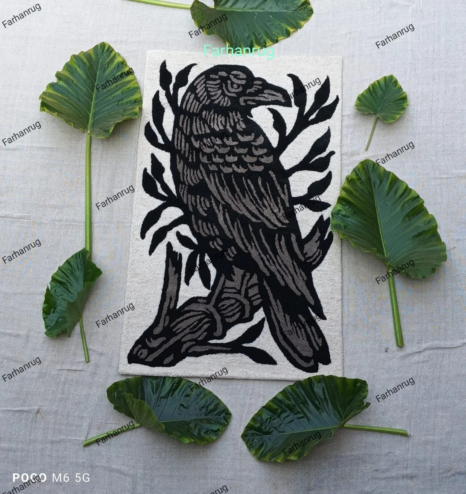 Black Crow Sitting On A Branch Hand Tufted Beautiful Woollen Nice Viscose Silk