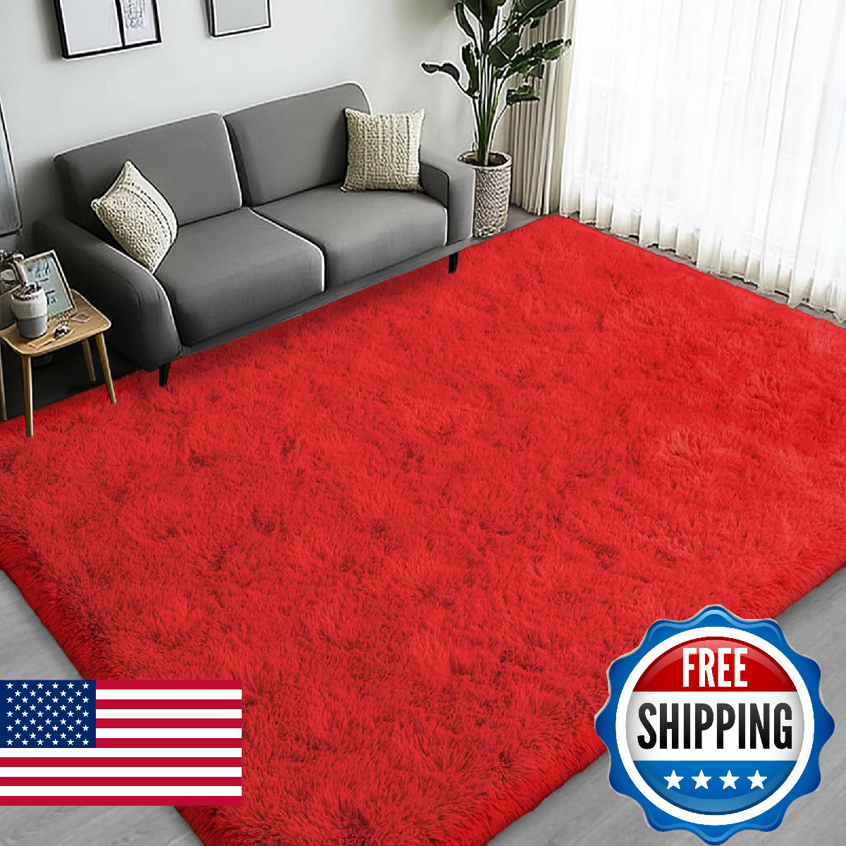 Lairep Large Area Rugs for Living Room Bedroom, 5×7 Feet Red Fluffy Shag Rugs, U