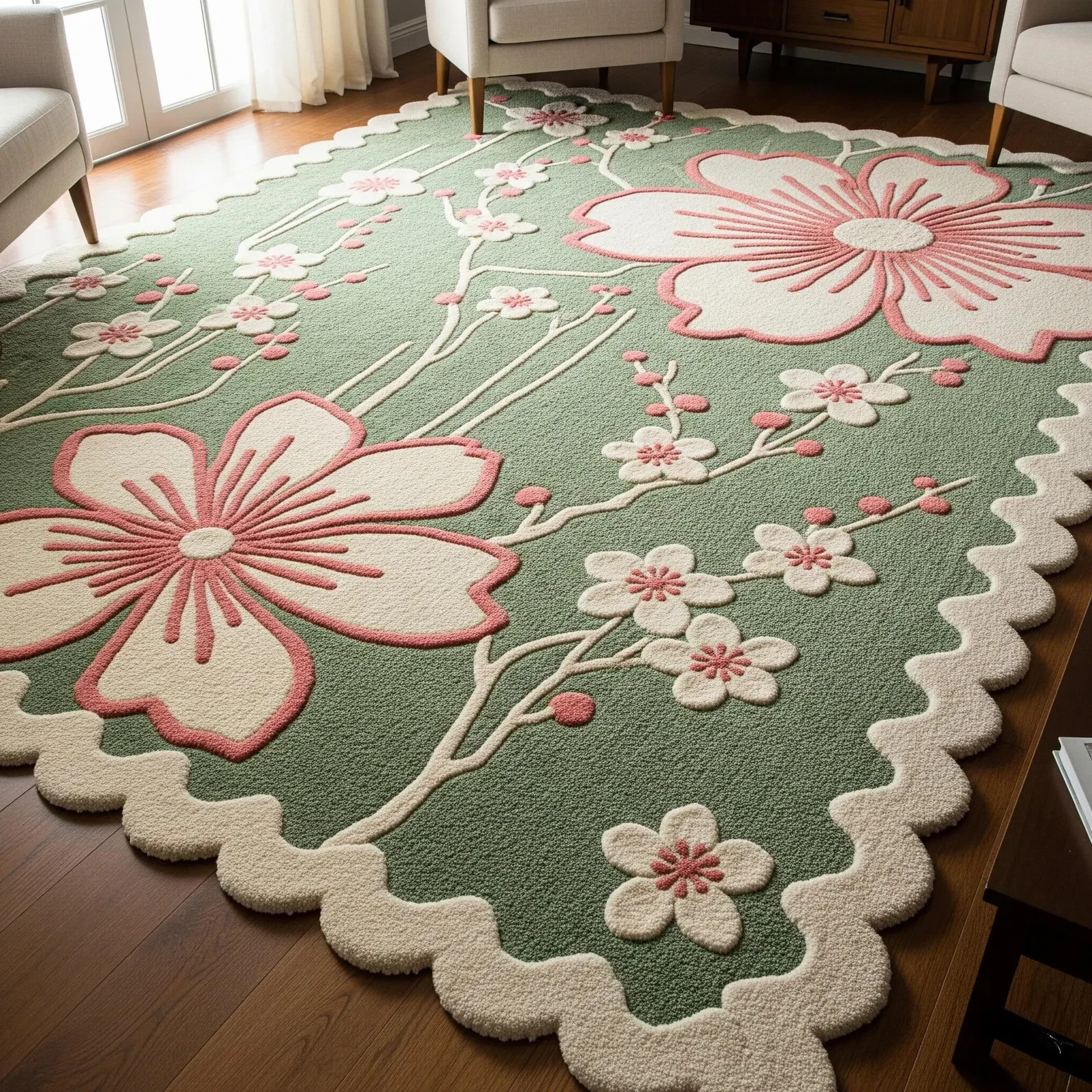 Sage Green Hand Tufted Wool Rug, Traditional Cream Blush Pink Floral Scalloped A