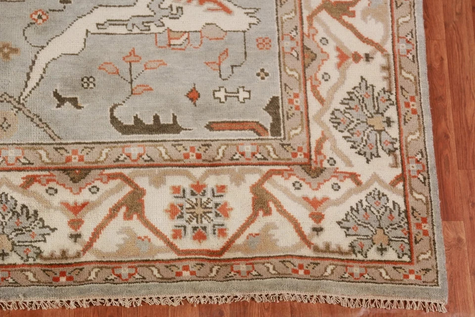 Hand Knotted Oushak Rug Wool Area Rug Muted Gray Blue Cream Rust 8×10 9×12