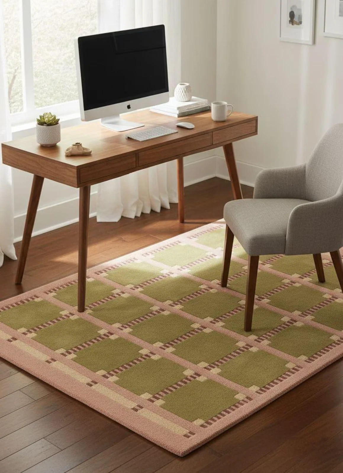 Sage Green & Blush Pink Grid Rug Modern Geometric Wool Area| Hand-Tufted Carpet