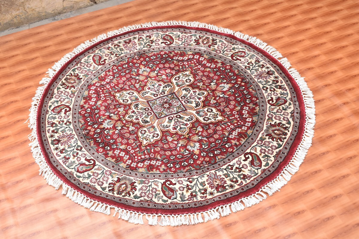 Red Round Rug Silk Carpet Rugs 4×4 Traditional Design Rug