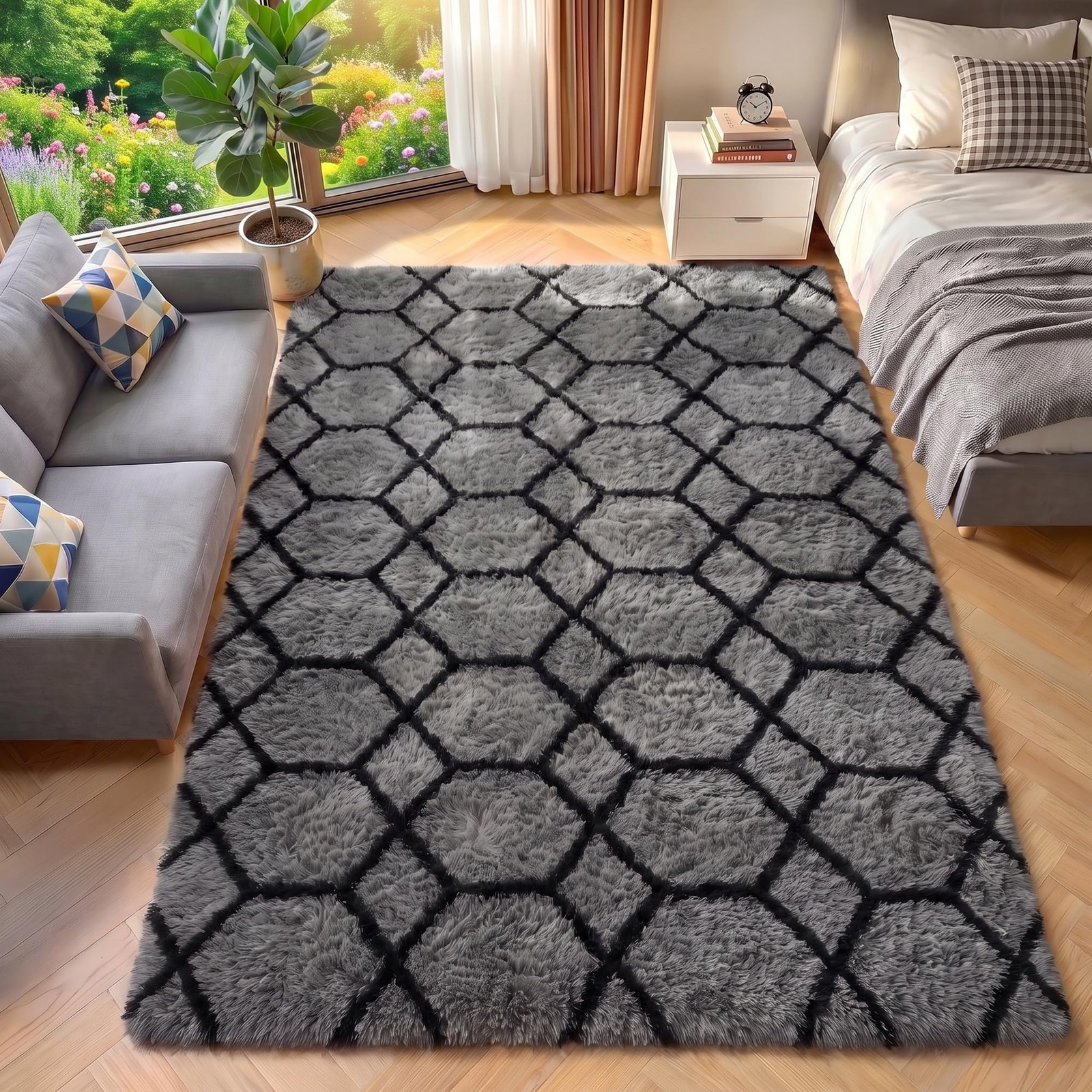 Area Rugs for Bedroom Living Room, 4×6 Fluffy Grey and Black Geometric Rug