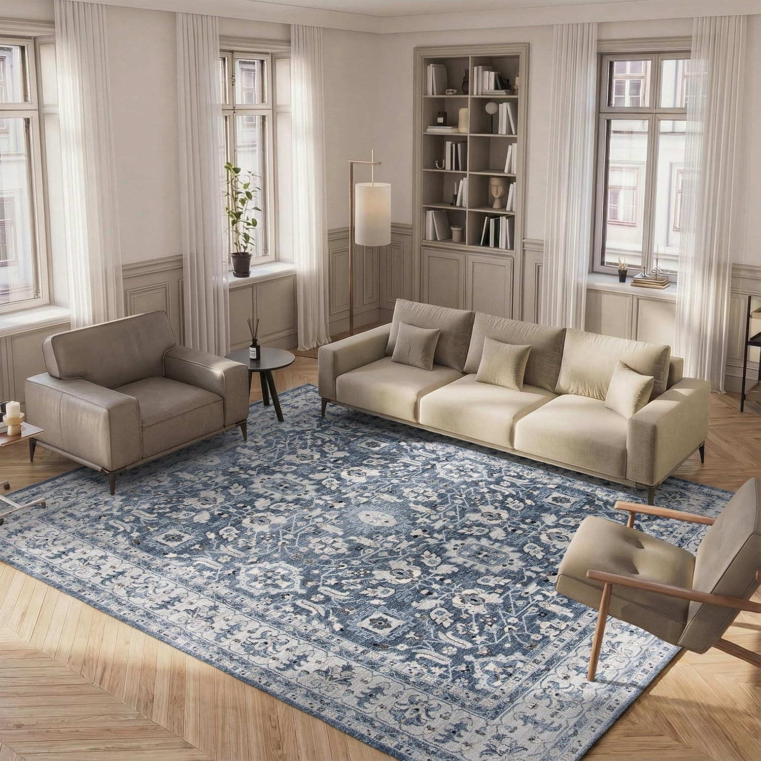 Navy & Creme 8×10 Area Rug – Charleston Collection, Distressed Design, Easy Care