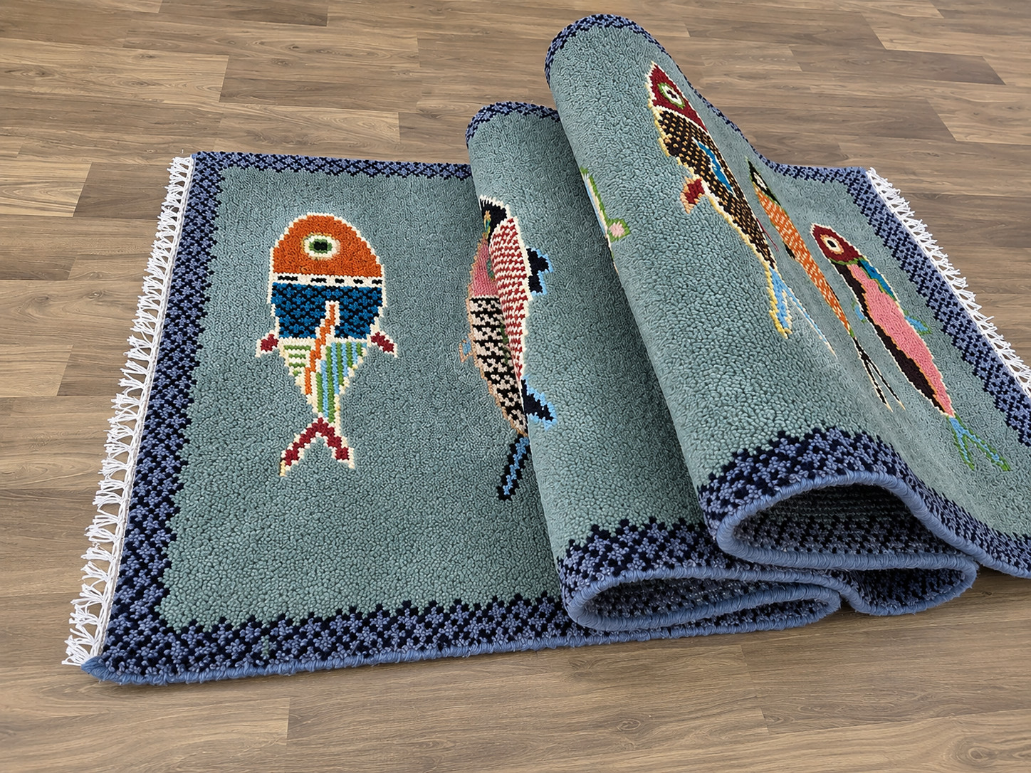 Hand Knotted Fish Runner Rug – Handmade Wool Area Rug, Coastal Blue