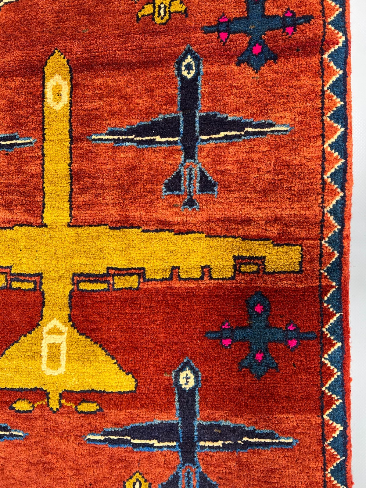Afghan War Rug Handmade Wool Rust Airplane Military Tribal Carpet