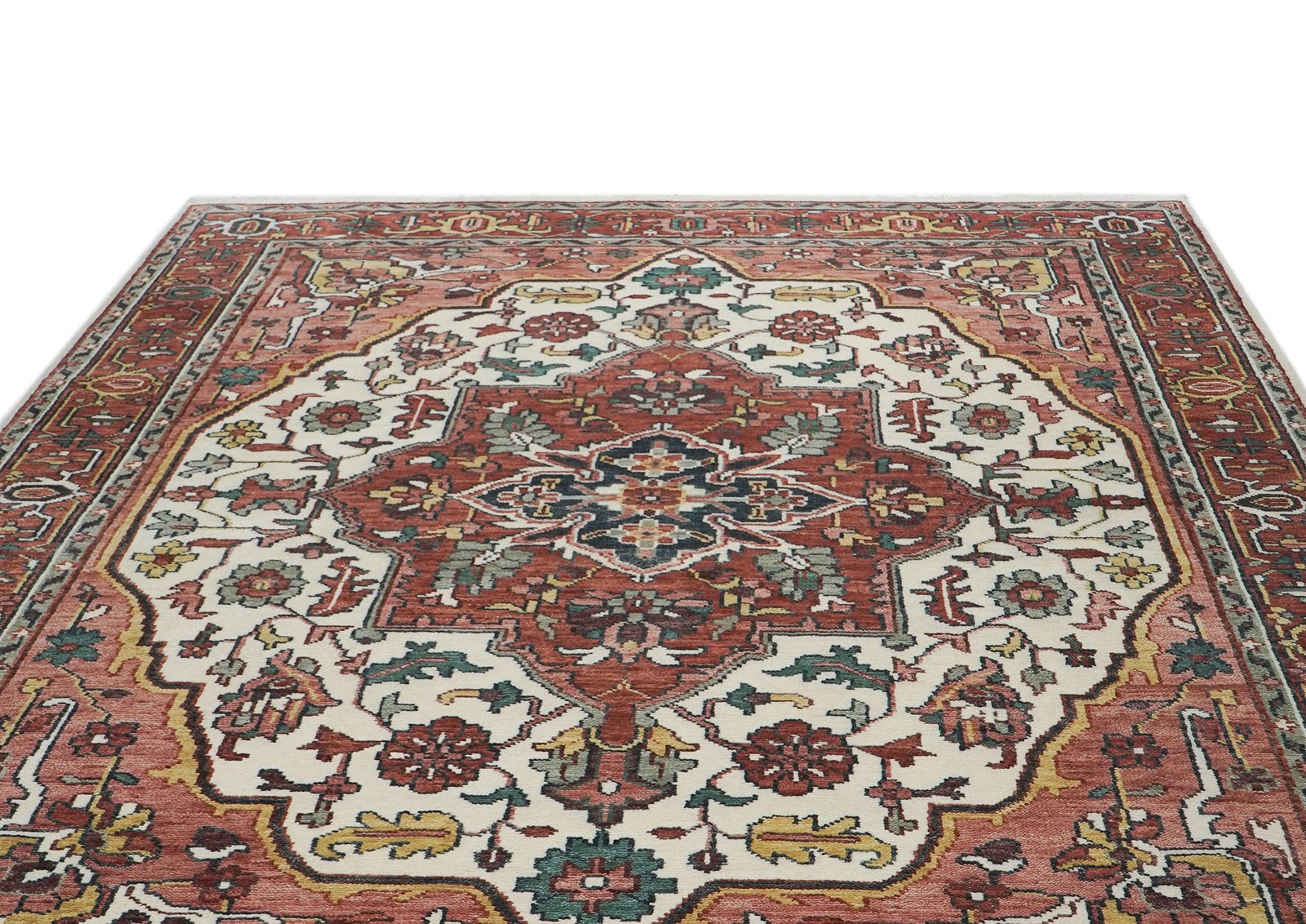 9’11”x13’11” Hand Knotted Wool Rust, Ivory Oushak Tabrizz Rug