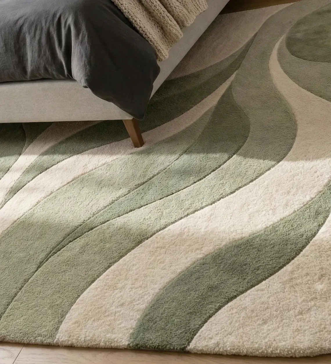 Sage Cream Abstract Area Rug, Hand Tufted Wool, Modern Scandinavian Area Carpet
