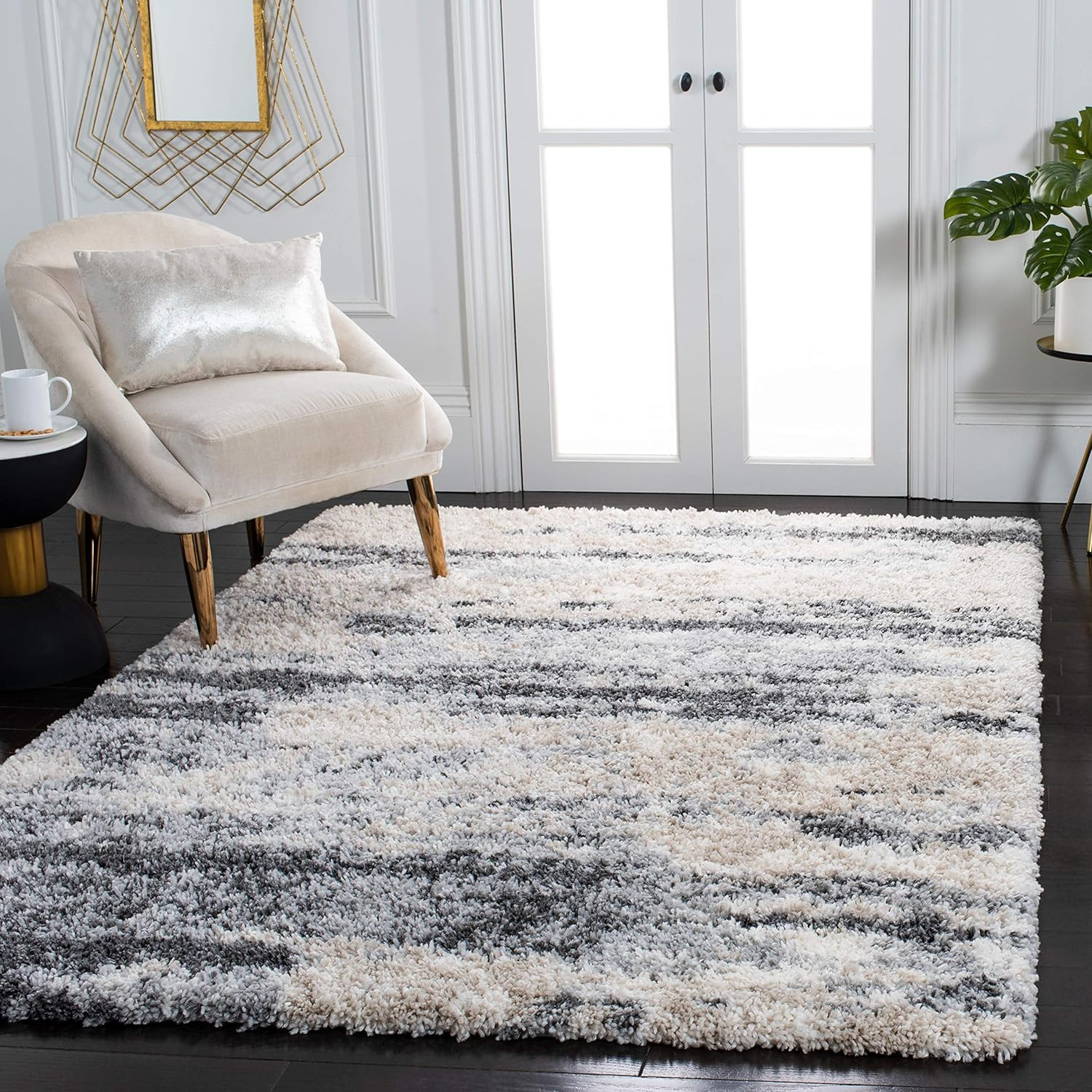Fontana Shag Area Rug 6’7″ x 9′, Grey & Ivory, Modern, Easy Care, Non-Shedding
