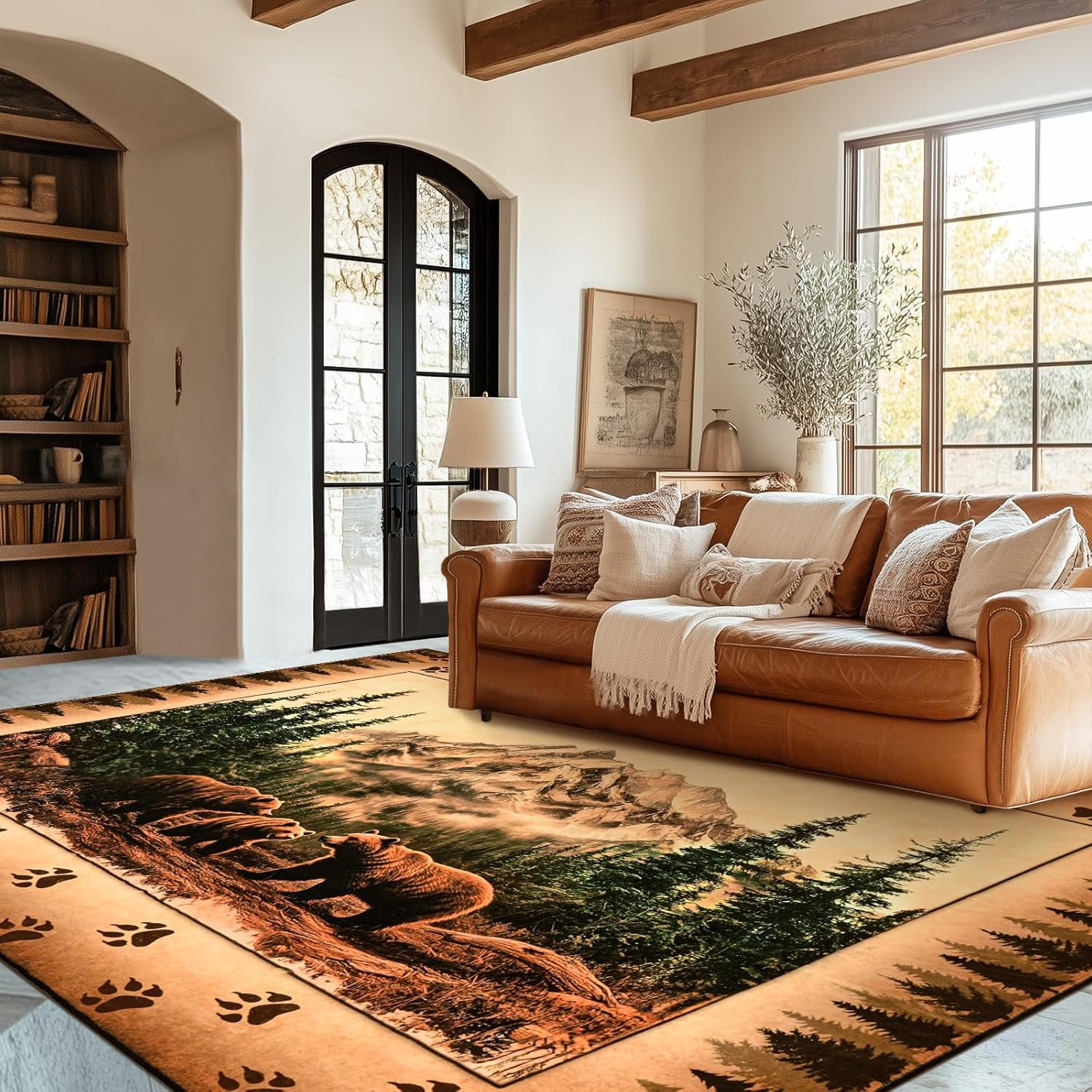 Rustic Cabin Area Rug 5X7, Farmhouse Lodge Bear Moose Deer Rug Washable Non Slip