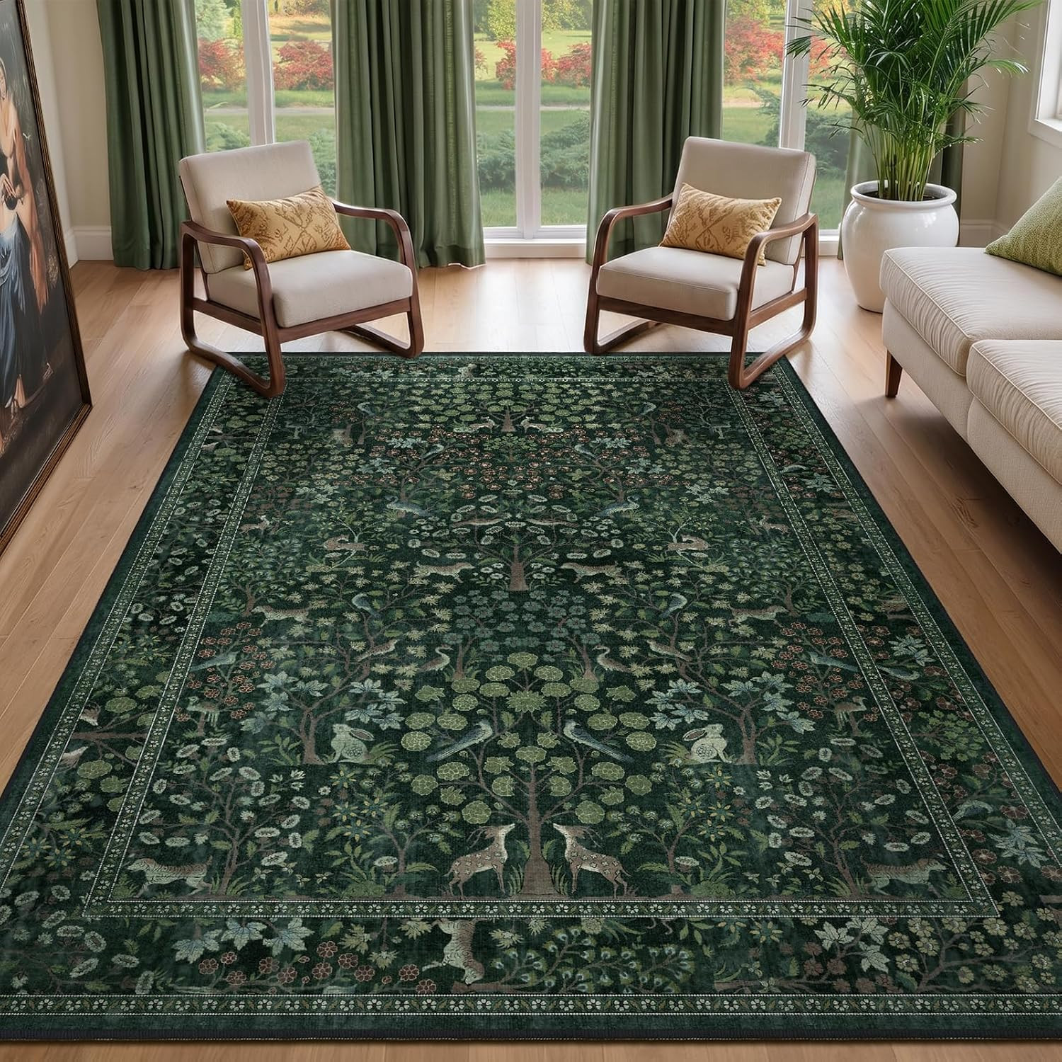 Woodland Floral Animal 5X7 Washable Rugs for Living Room, Whimsical Tree of Life