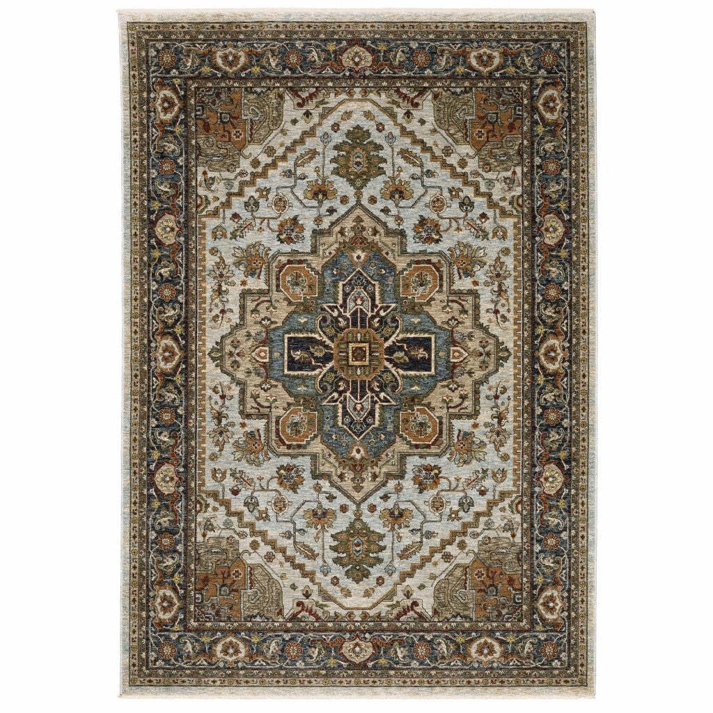 5′ X 8′ Ivory Beige Blue Orange Gold Green Grey And Rust Oriental Power Loom
