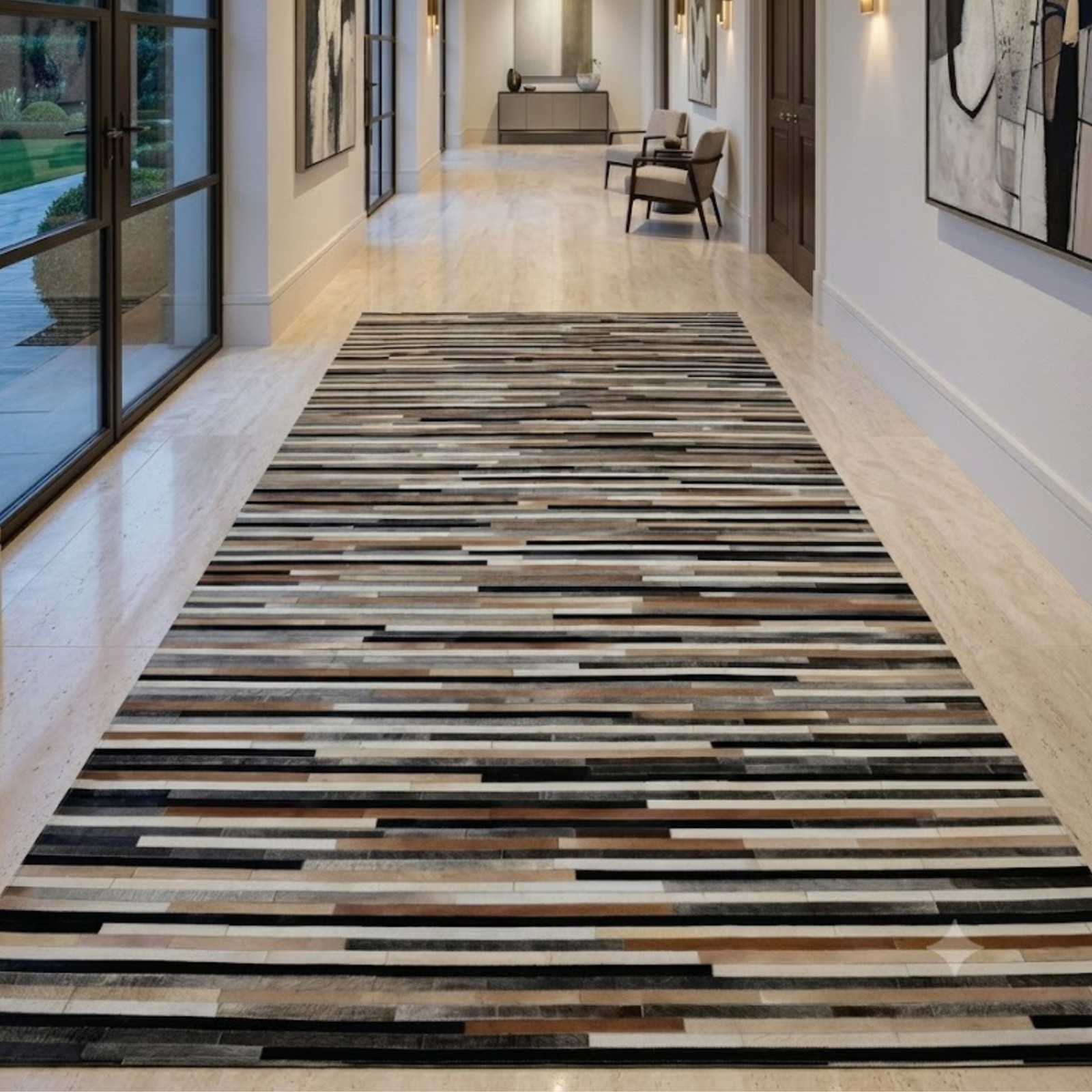 Handmade Cowhide Leather Runner Rug Modern Patchwork Hallway Carpet Rug 6×9,8×12