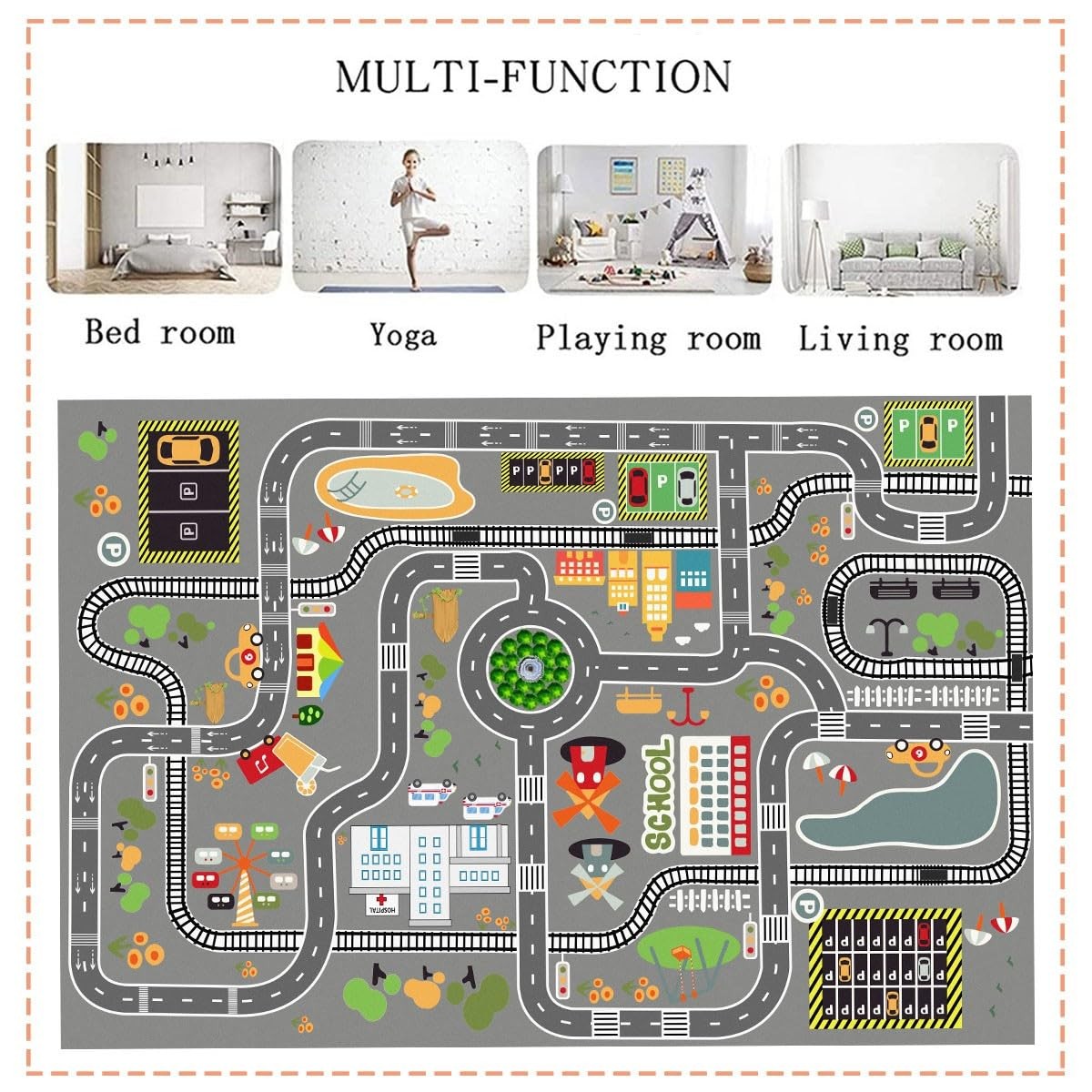 Car Rug Play Mat Great for Playing with Cars and Toys, Kid Playroom Carpet with