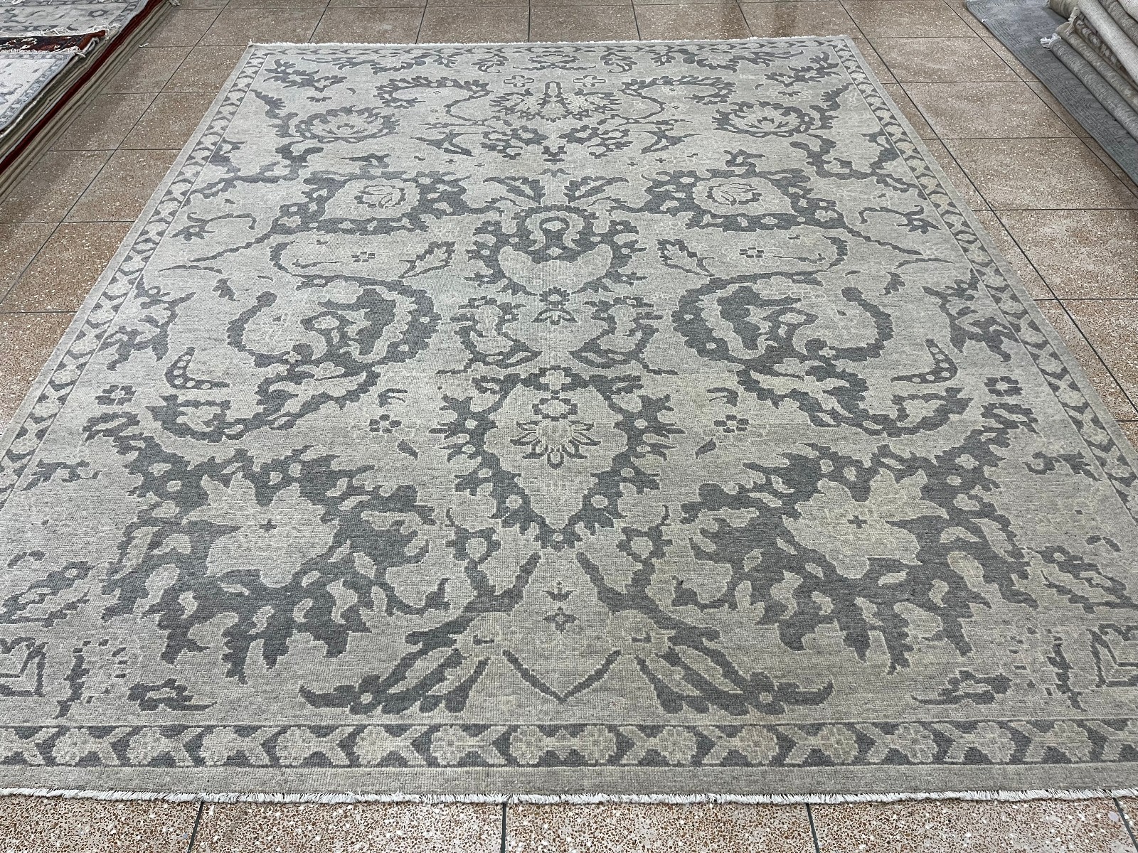 Hand Knotted Oushak Rug Gray Silver Wool Area Rug Traditional Large Floral Rug